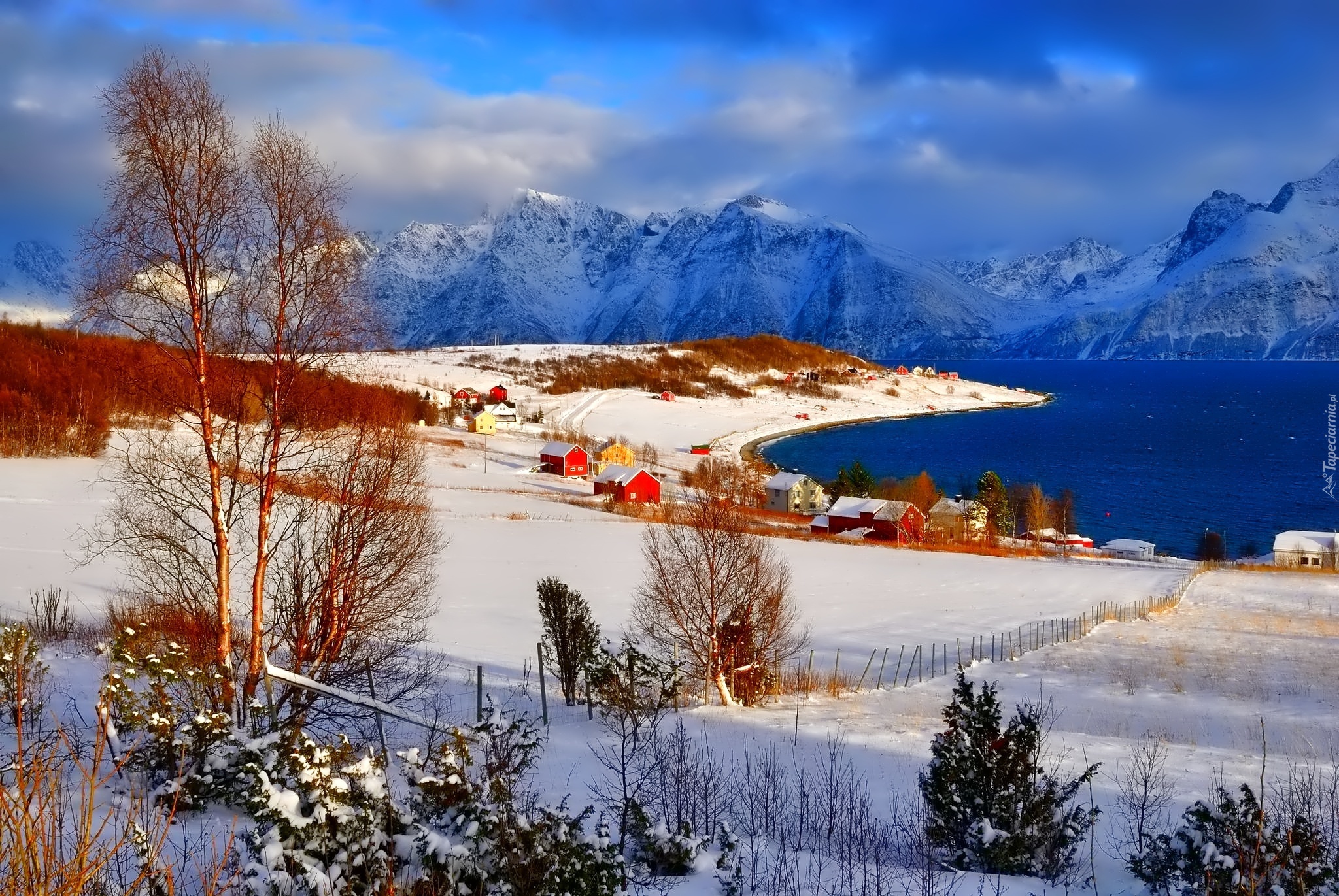 Zima, Góry, Czerwone, Domy, Norwegia