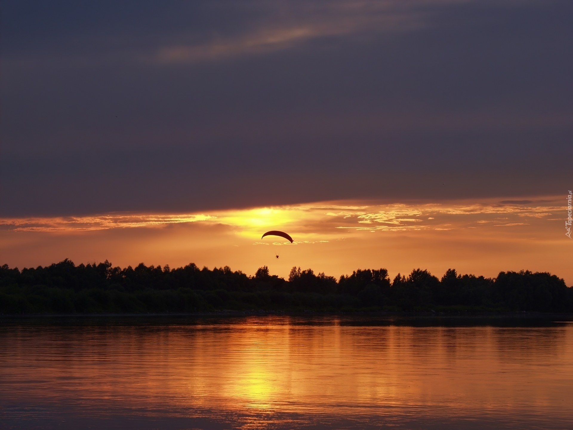 Zachód, Słońca, Jezioro, Lotniarz