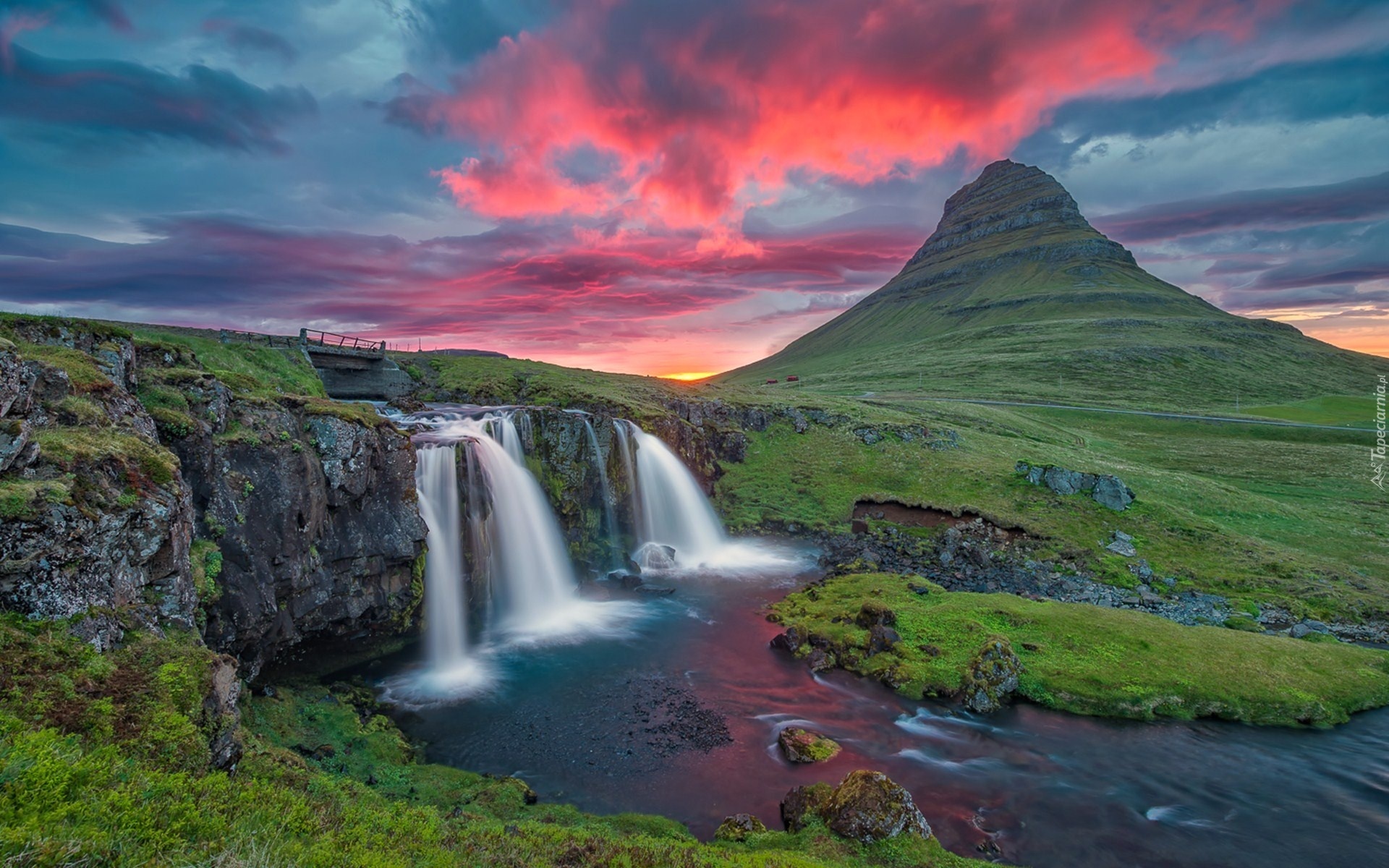 Wodospad, Rzeka, Góry, Zachód Słońca, Mostek, Islandia
