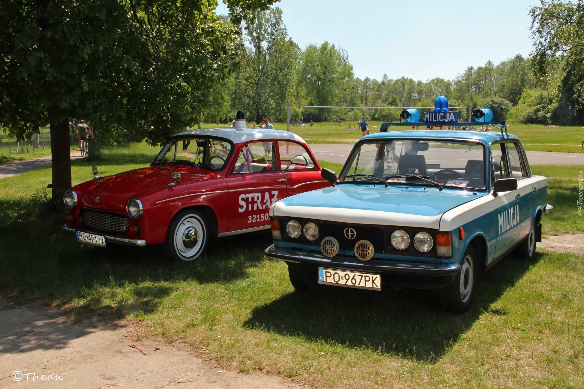 Samochody, Niebieski, Fiat 125p, Czerwona, Syrenka, Straż, Milicja
