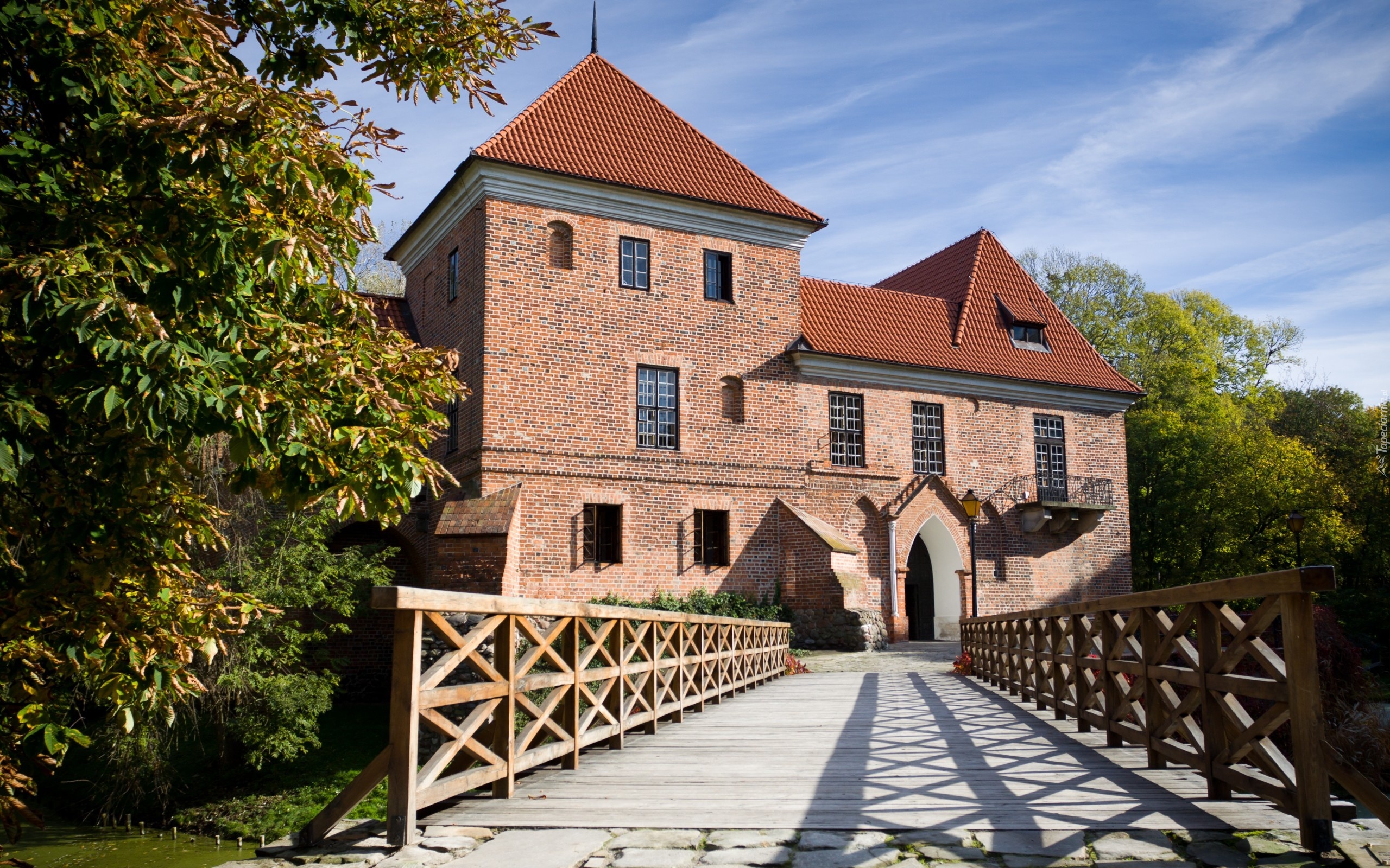 Zamek w Oporowie, Wieś Oporów, Polska, Muzeum wnętrz dworskich, Poręcze, Drzewa, Most