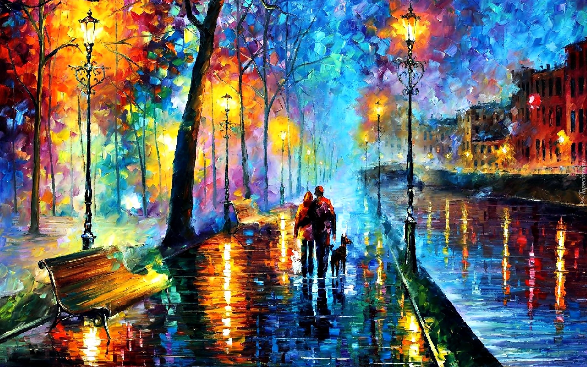 Obraz, Leonid Afremov, Ulica, Latarnie, Domy