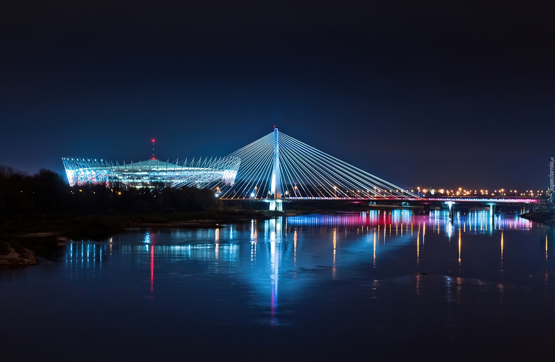Warszawa, Noc, Stadion Narodowy, Wisła, Most Świętokrzyski
