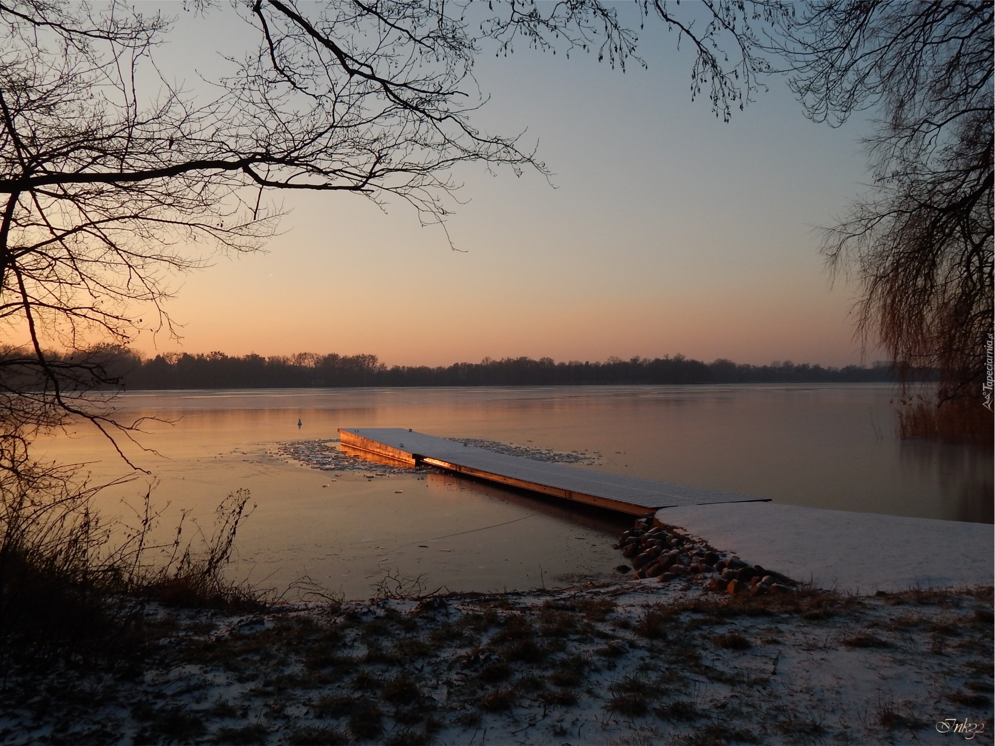 Jezioro, Pomost, Zachód, Słońca, Gałęzie