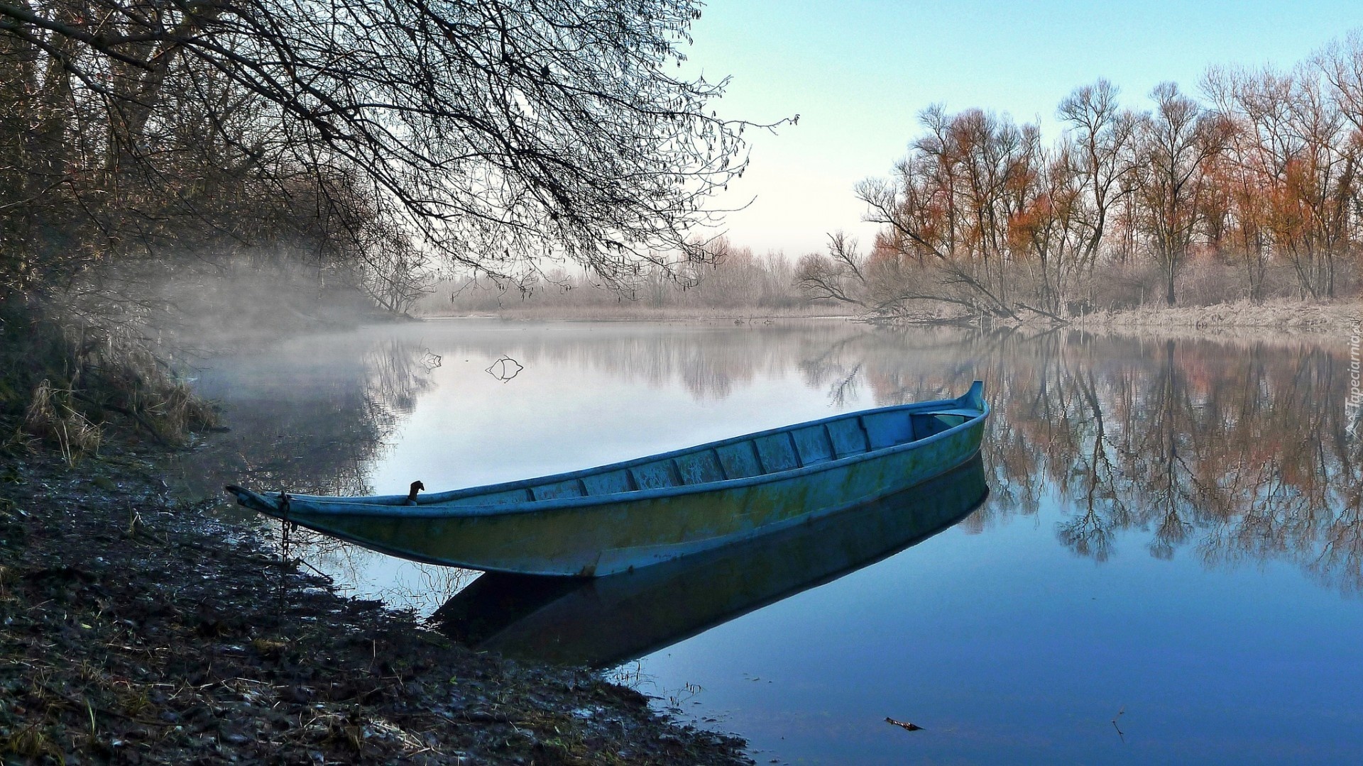 Rzeka, Łódz, Las, Mgła, Jesień