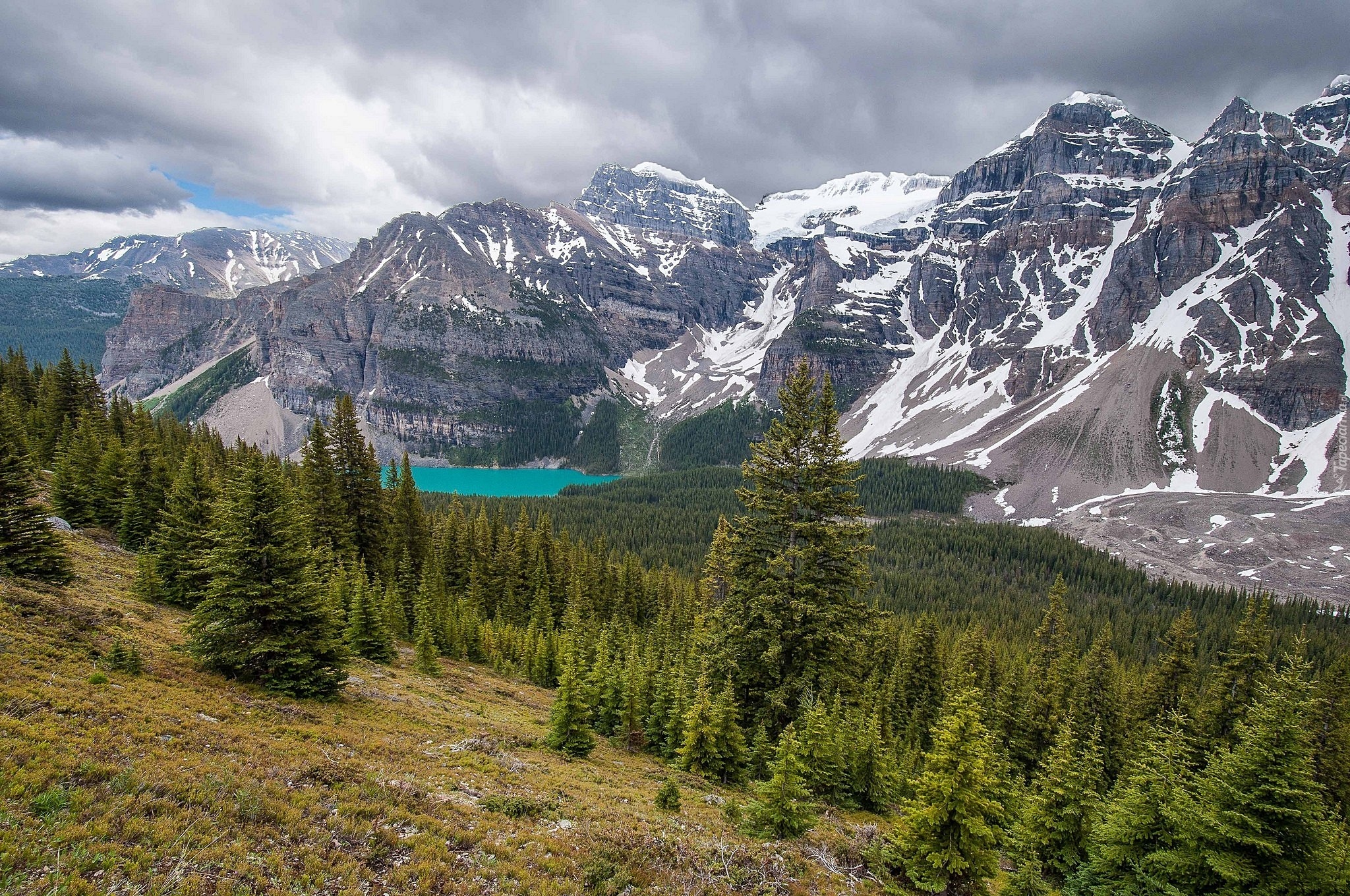 Kanada, Park Narodowy Banff, Dolina Dziesięciu Szczytów, Dolina Valley of the Ten Peaks, Jezioro Moraine, Góry, Lasy, Drzewa, Szczyty