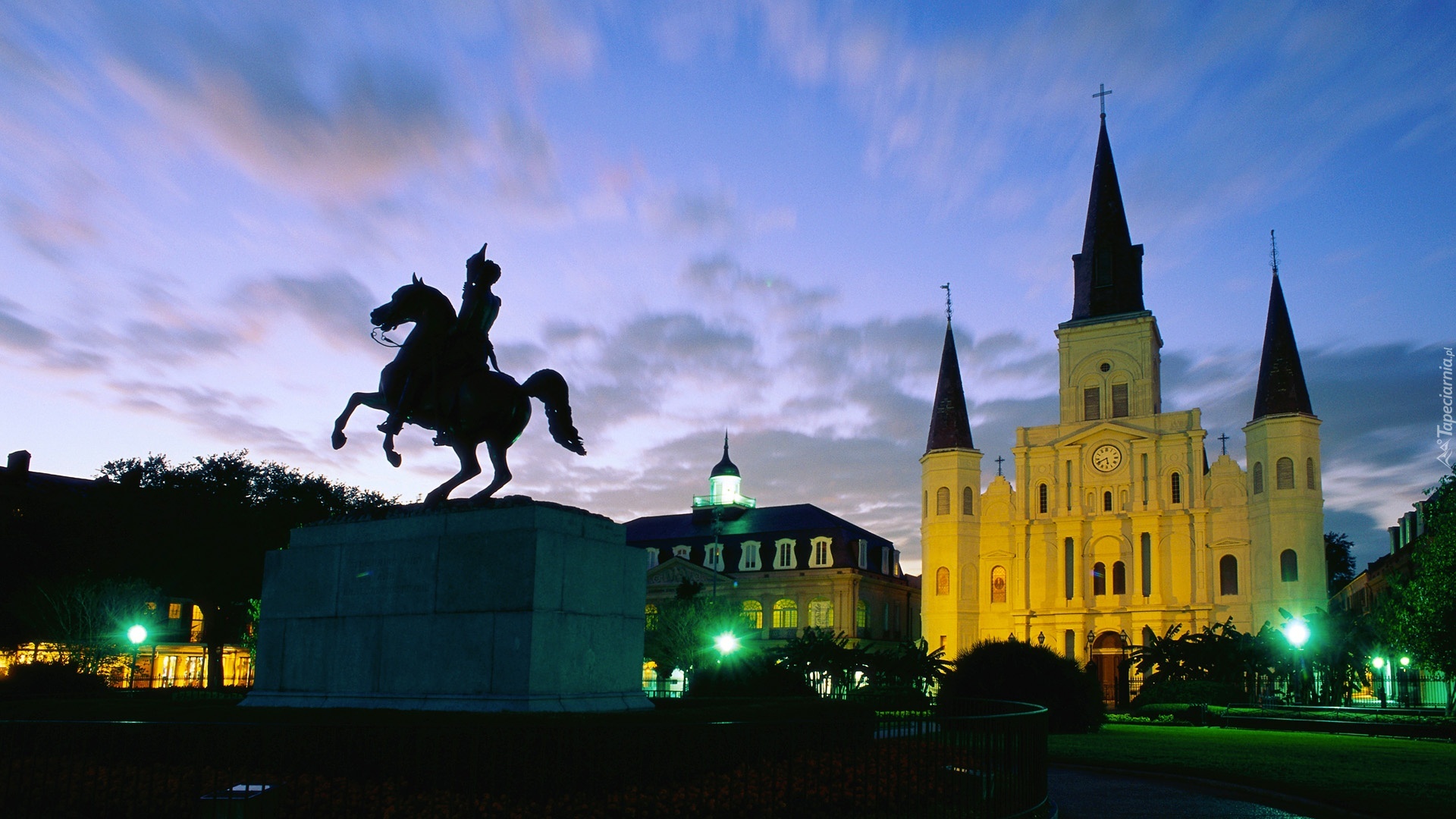 Nowy Orlean, Luizjana, Pomnik, Jackson Square, Katedra, Wieczór