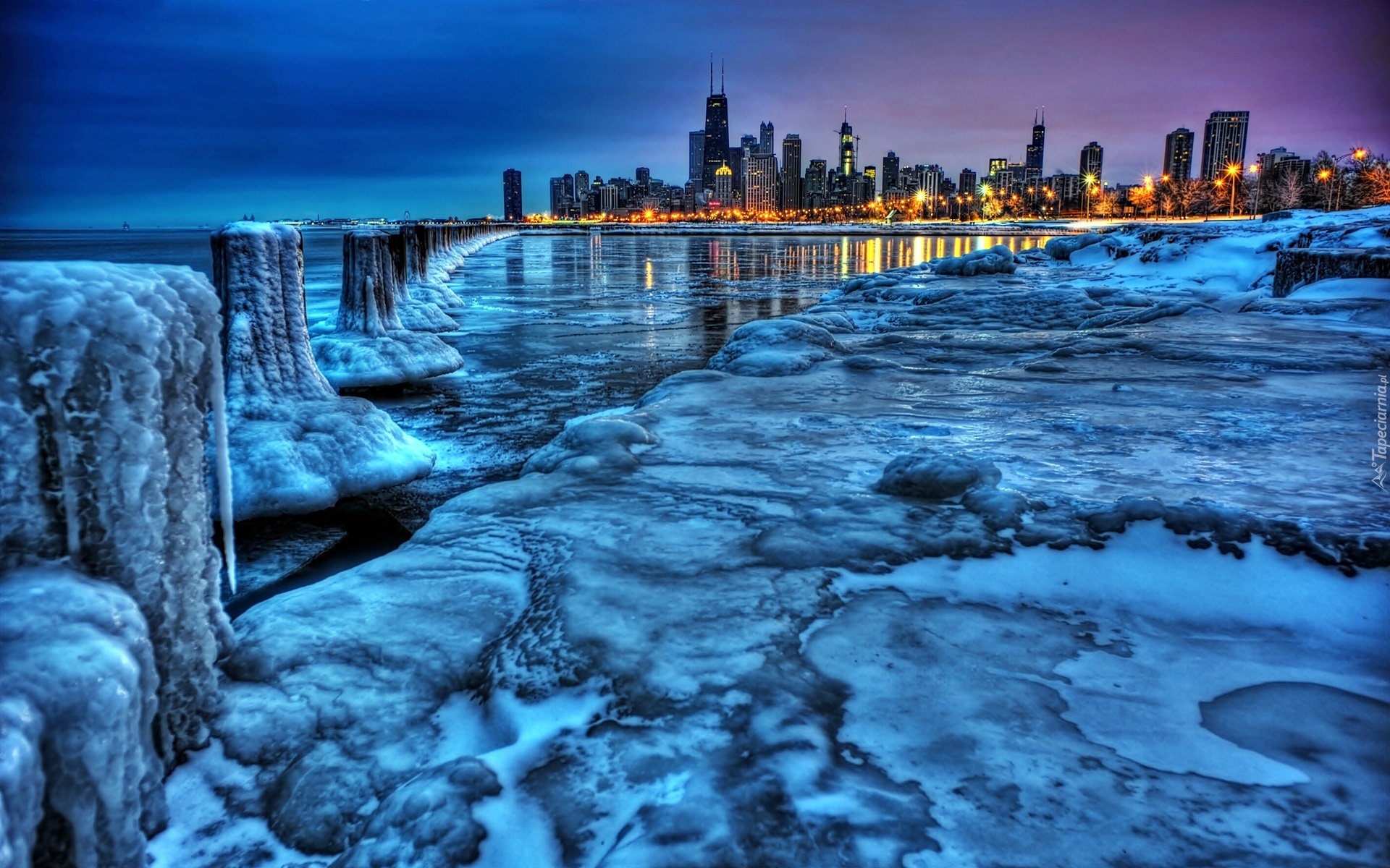 Panorama, Chicago, Nocą, Jezioro, Michigan, Lód