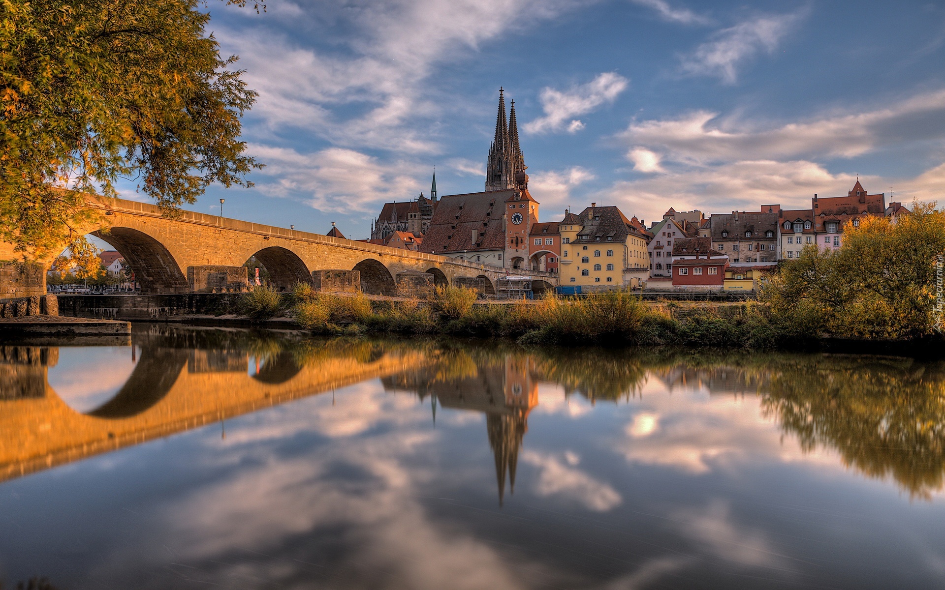 Rzeka, Most, Katedra, Bawaria, Jesień