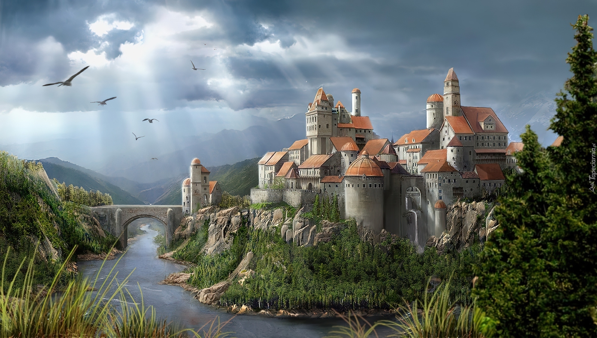 Zamek, Most, Rzeka, Ptaki, Fantasy