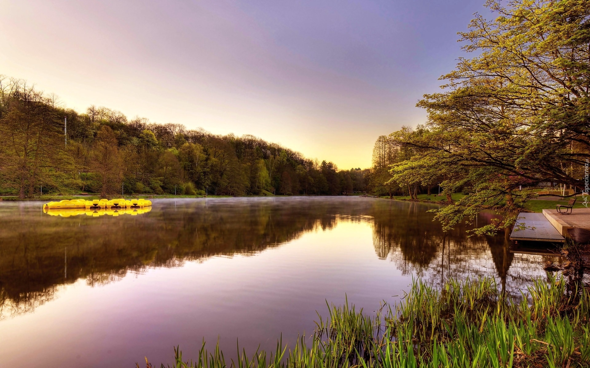 Park, Jezioro, Pomost, Ławeczka, Wschód, Słońca