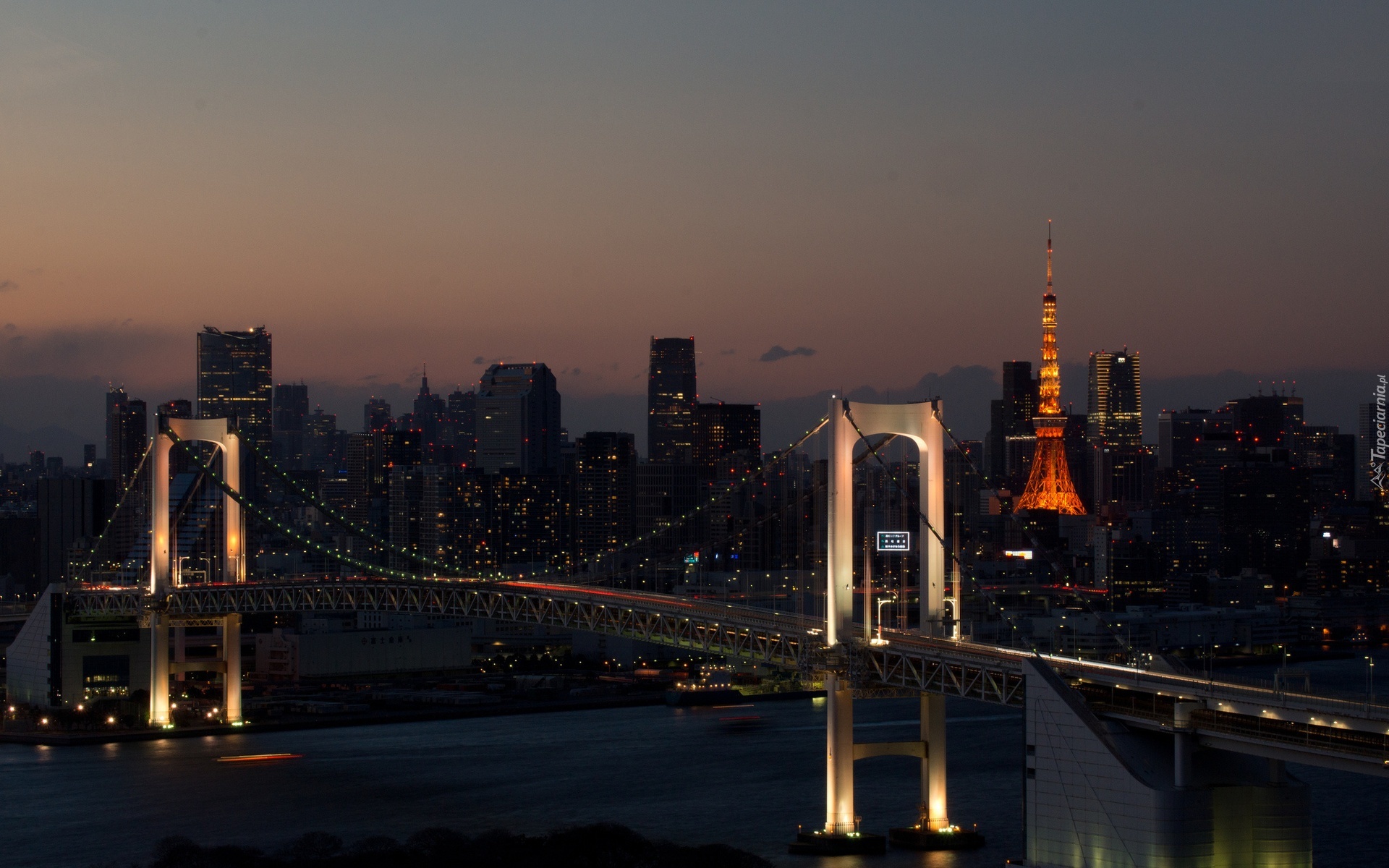 Most, Wieża, Wieżowce, Tokio, Panorama, Noc