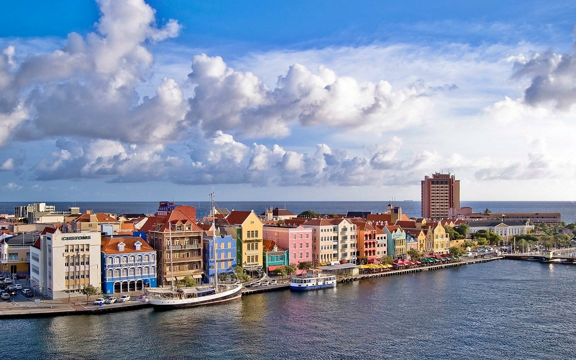 Curacao, Panorama, Miasta, Morze, Obłoki