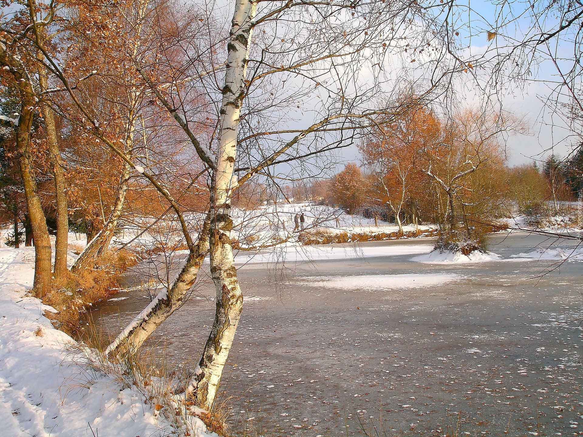 Zima, Zachód, Słońca, Park, Jezioro