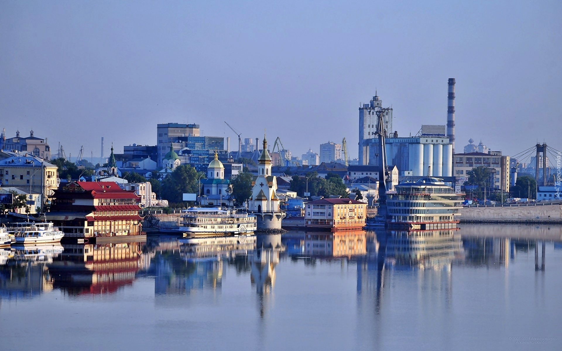 Panorama, Miasta, Dniepr, Statki, Nabrzeże, Odbicie