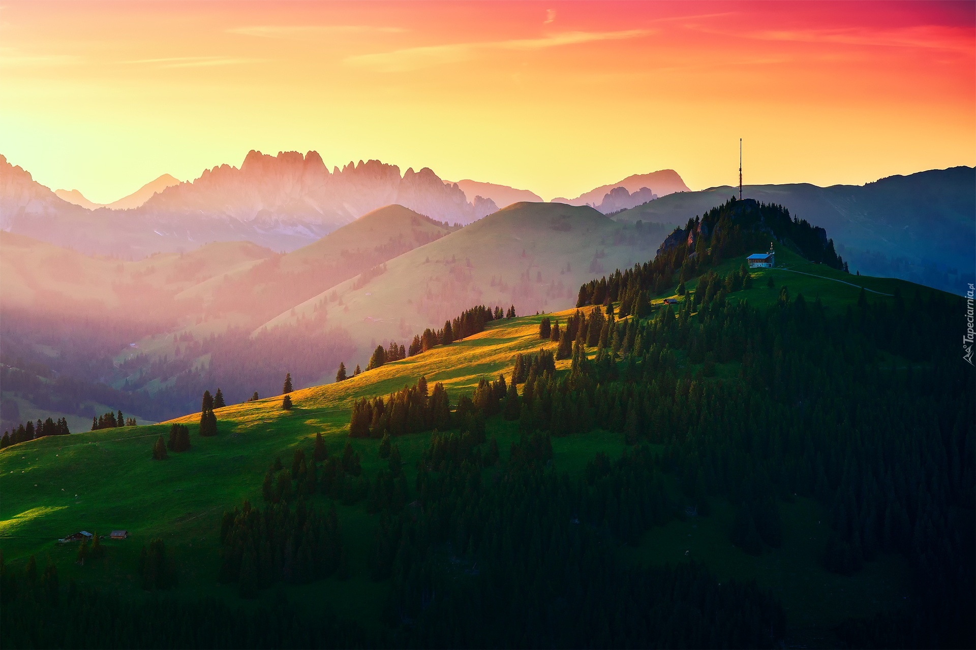 Góry, Lasy, Łąki, Wieża radiowa, Wzgórze, Gstaad, Szwajcaria
