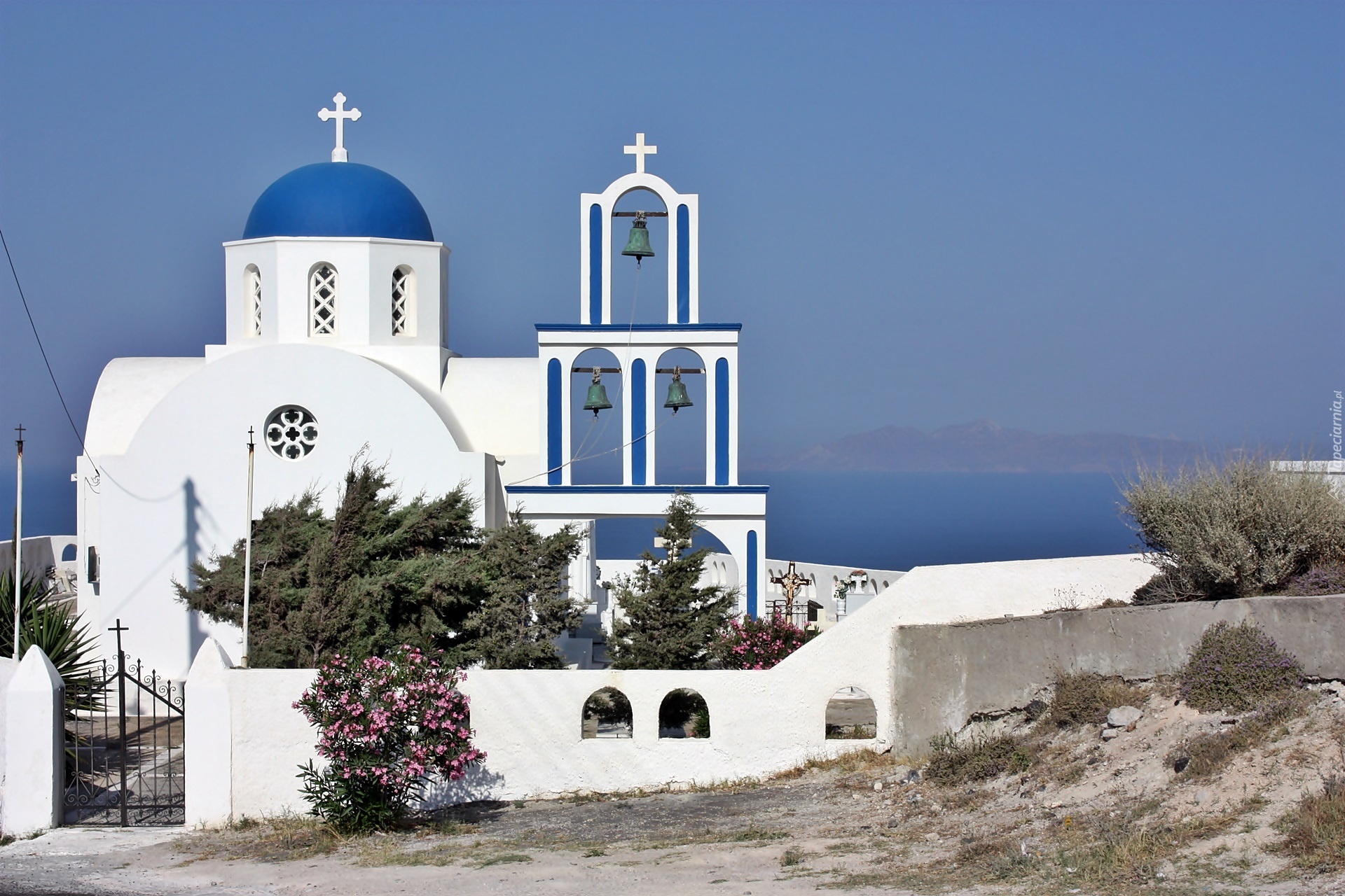Santorini, Cerkiew, Morze, Roślinność, Grecja
