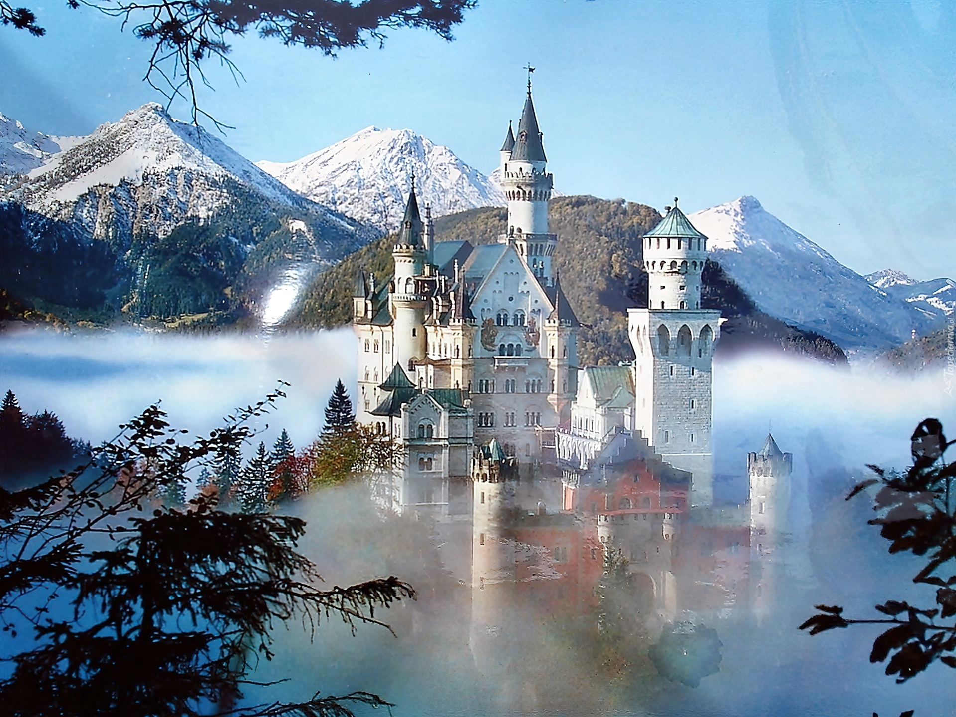 Góry, Mgła, Drzewa, Zamek, Neuschwanstein