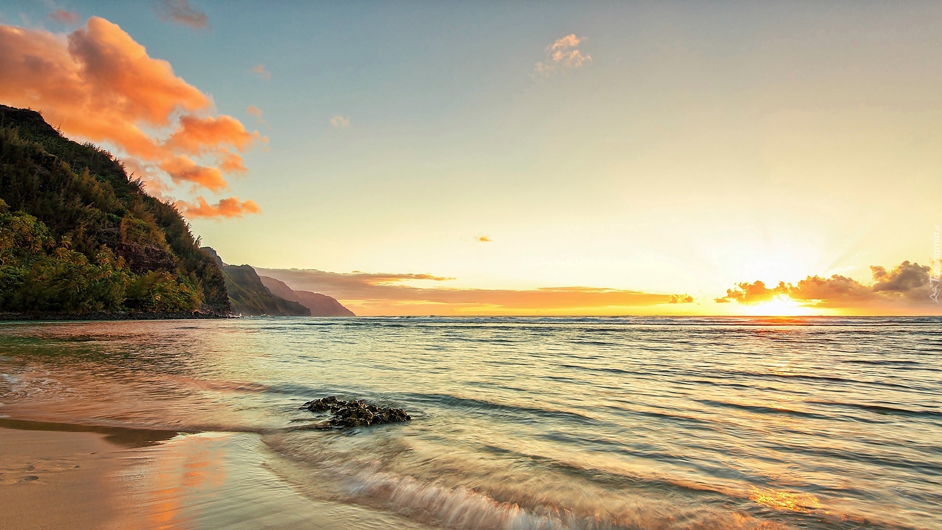 Morze, Plaża, Kauai, Promienie, Słońca, Hawaje