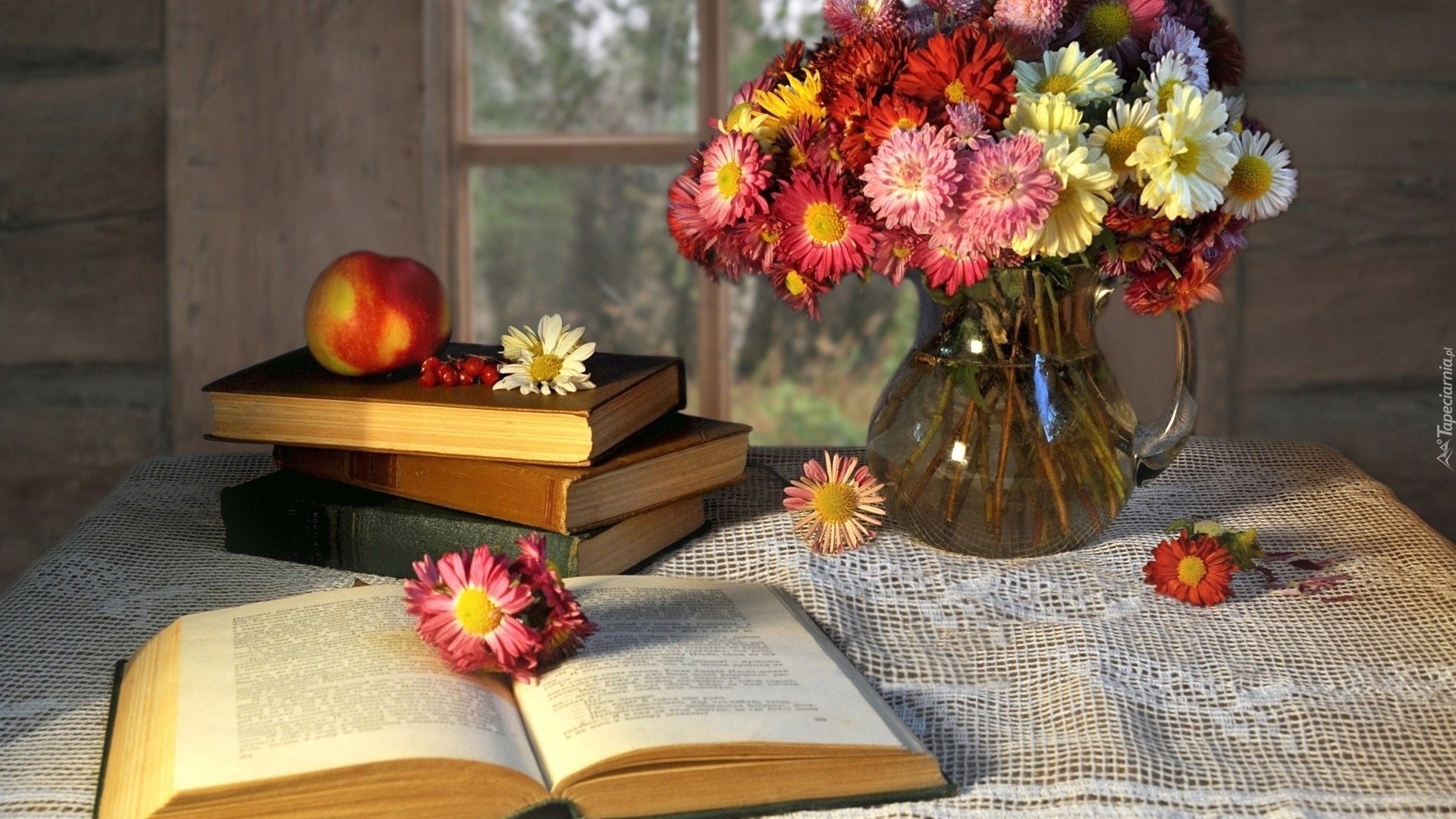 Książki, Bukiet, Kwiatów, Wazon, Serweta
