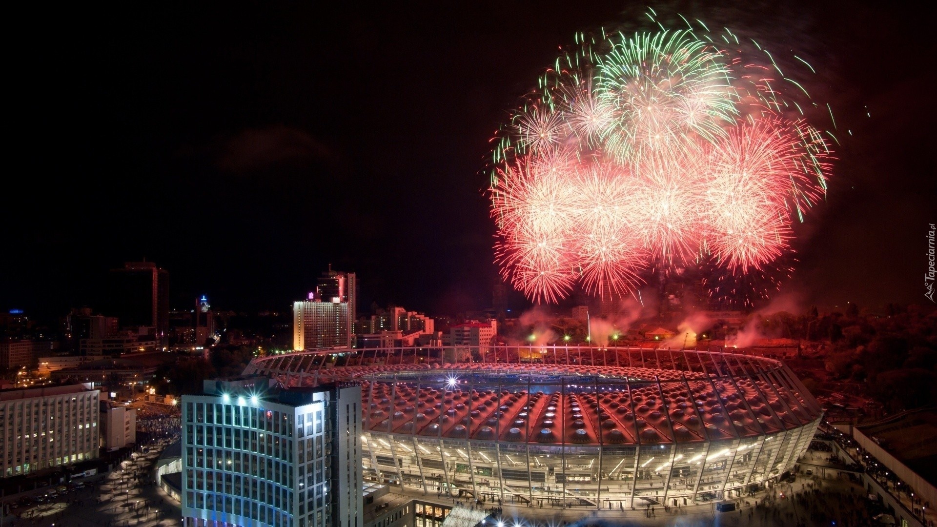 Ukraina, Kijów, Stadion, Narodowy, Noc, Fajerwerki