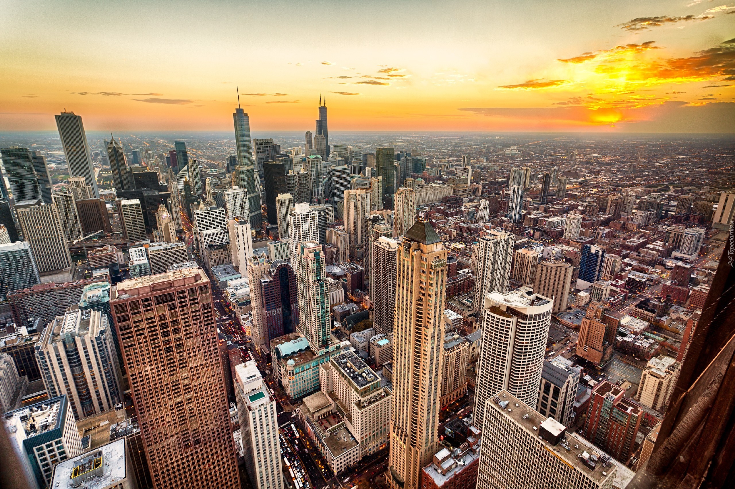 Chicago, Panorama, Miasta, Zachód, Słońca