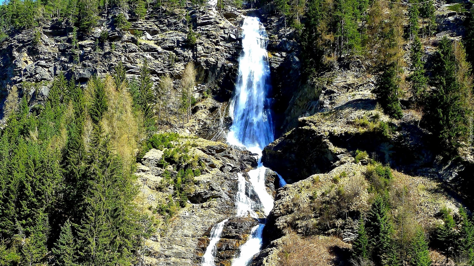 Góry, Alpy, Skały, Las, Wodospad, Tyrol