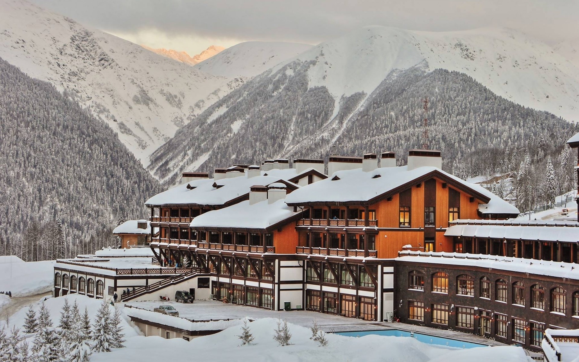 Hotel, Góry, Lasy, Zima