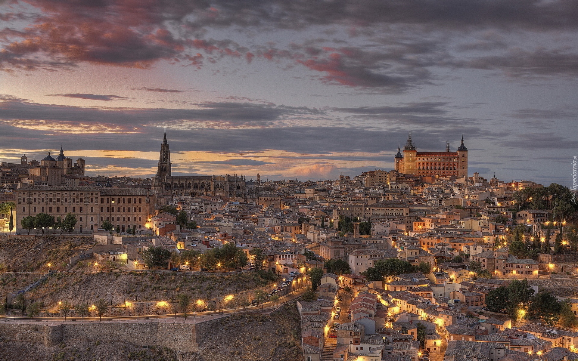 Toledo, Panorama, Miasta, Światła, Zmierzch, Hiszpania