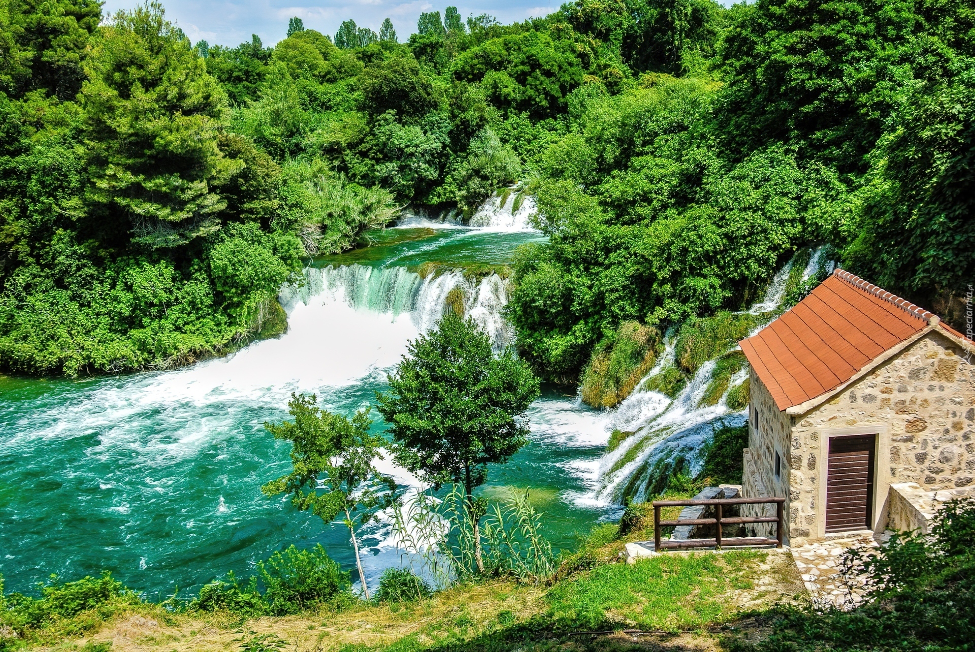 Chorwacja, Park Narodowy Krka, Dom, Wodospad, Las