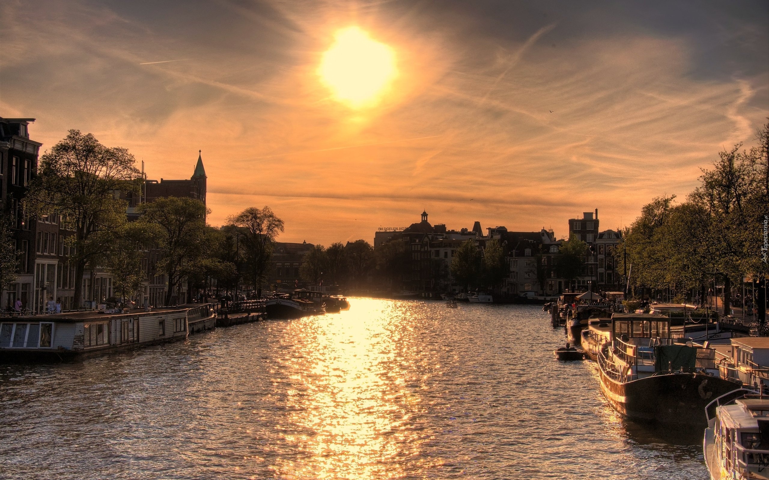 Amsterdam, Zachód, Słońca, Kanał, Kamienice