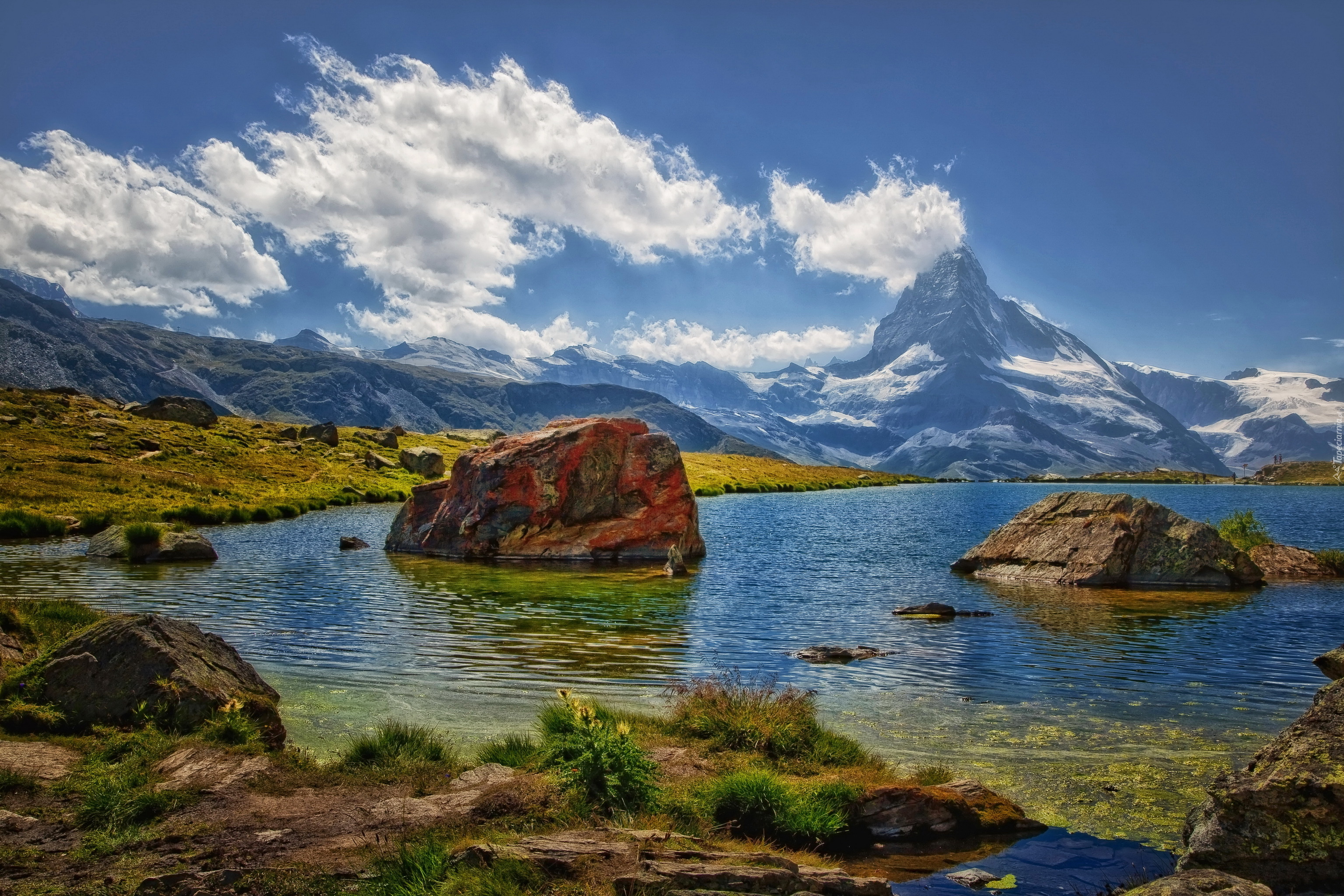 Alpy, Szczyt, Matterhorn, Jezioro, Głazy, Roślinność