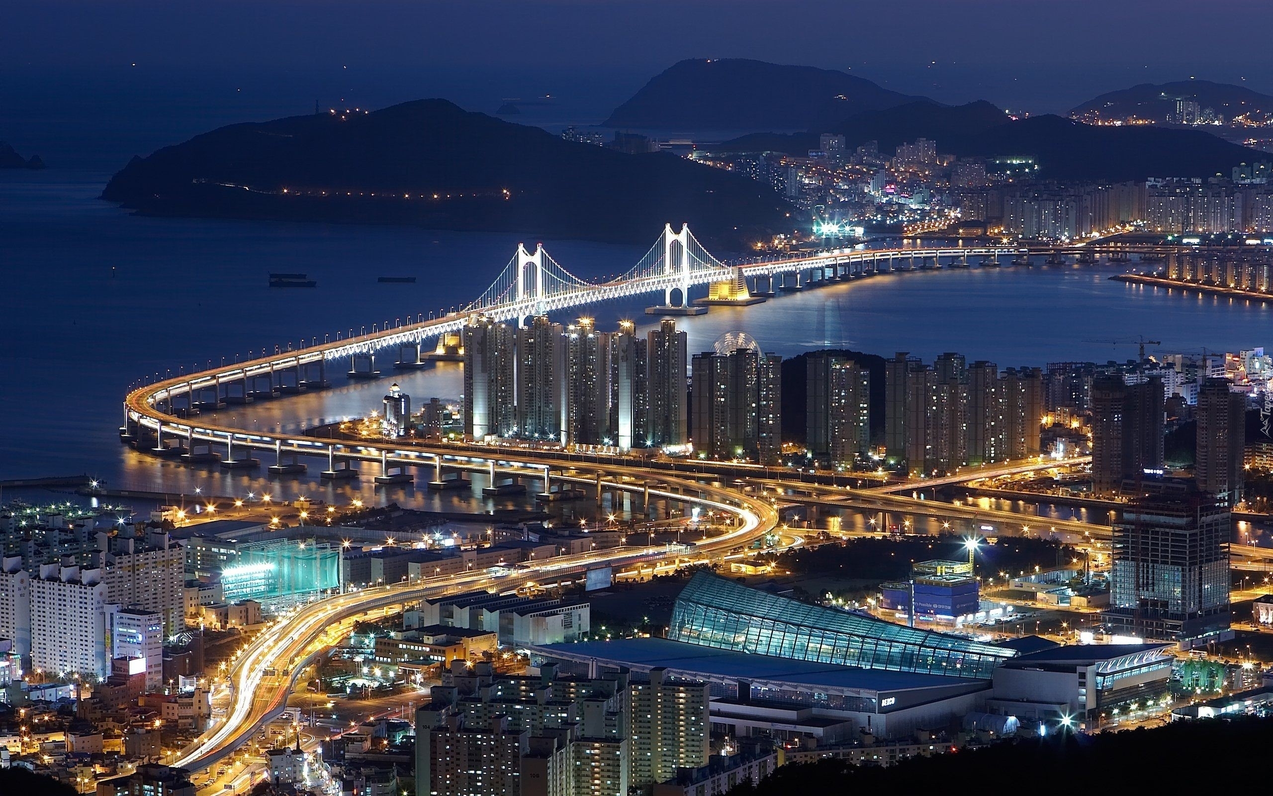 Góry, Morze, Most, Gwangan, Nocna, Panorama, Busan