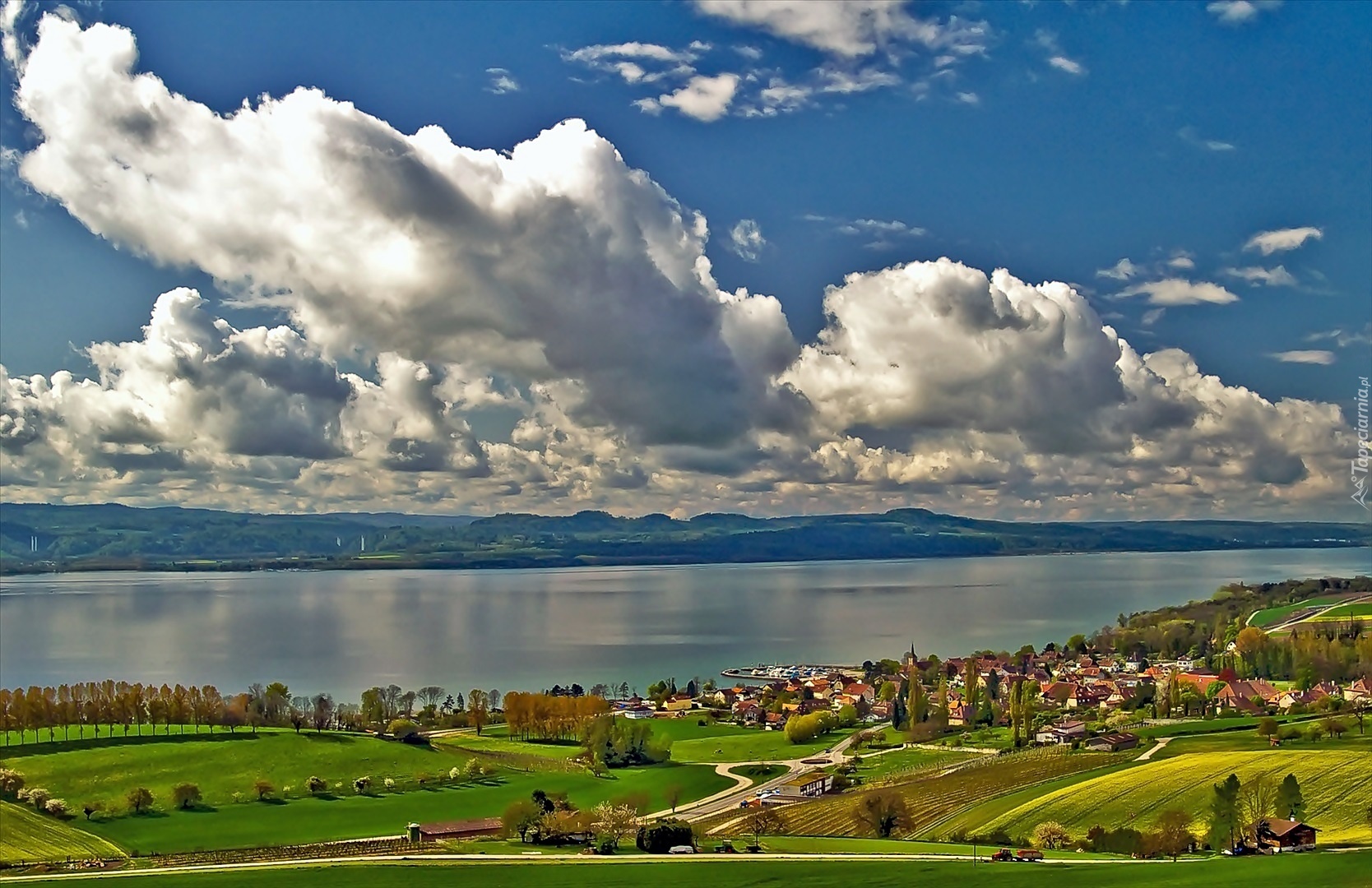 Panorama, Miasteczka, Neuchatel, Jezioro, Łąki