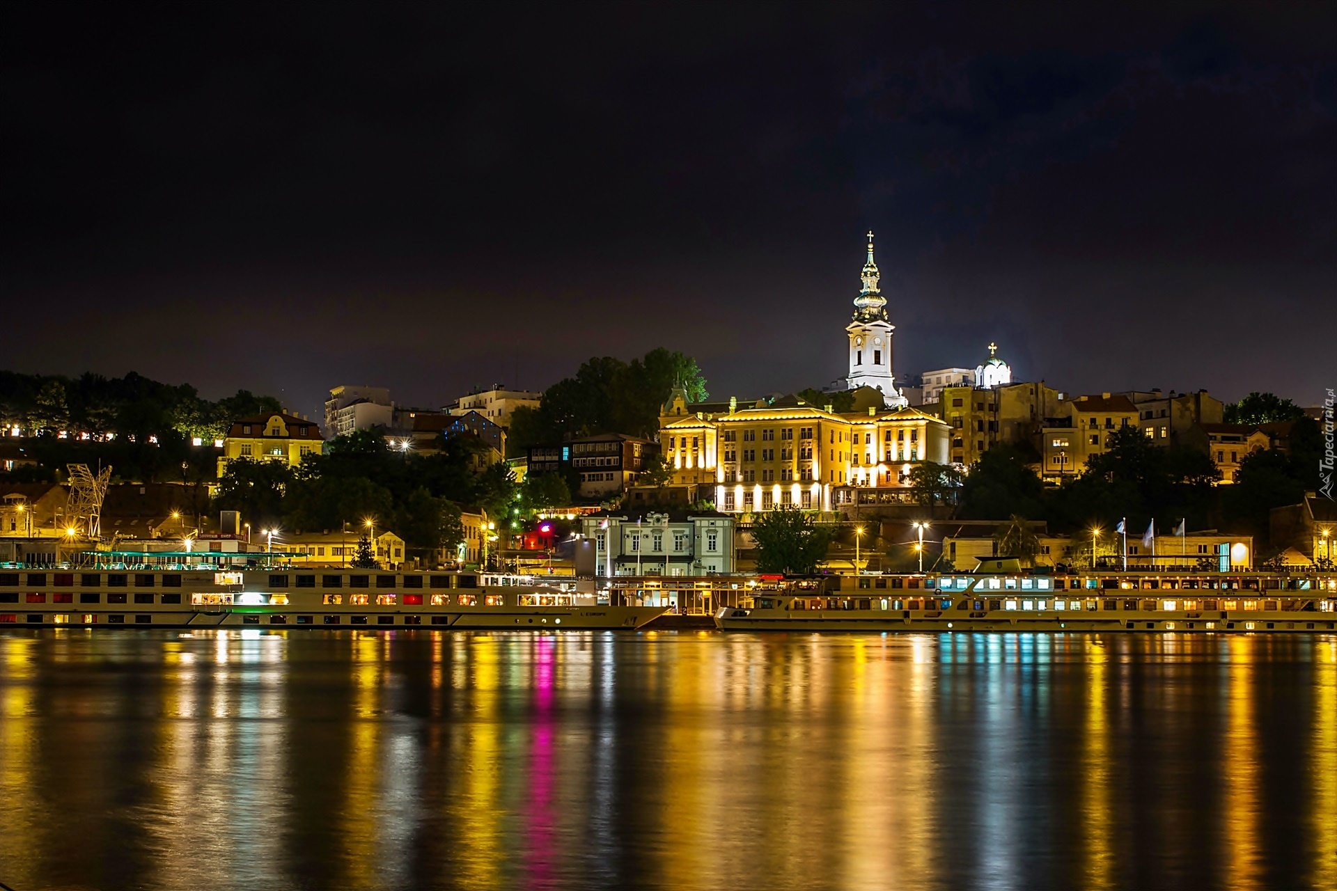 Rzeka, Nabrzeże, Statki, Nocna Panorama, Belgradu