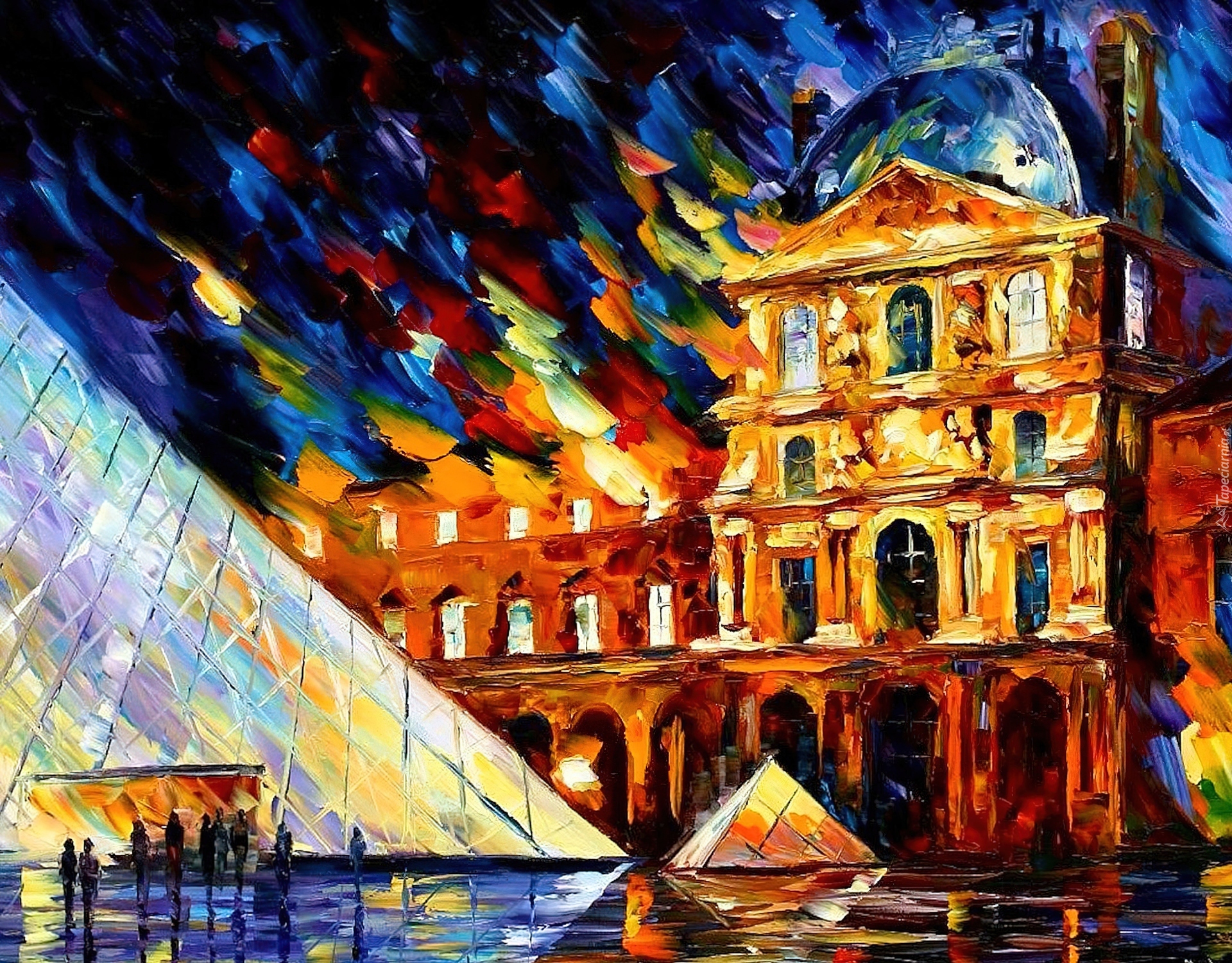 Leonid Afremov, Malarstwo, Obraz, Pałac, Muzeum Luwr, Piramida, Francja, Paryż