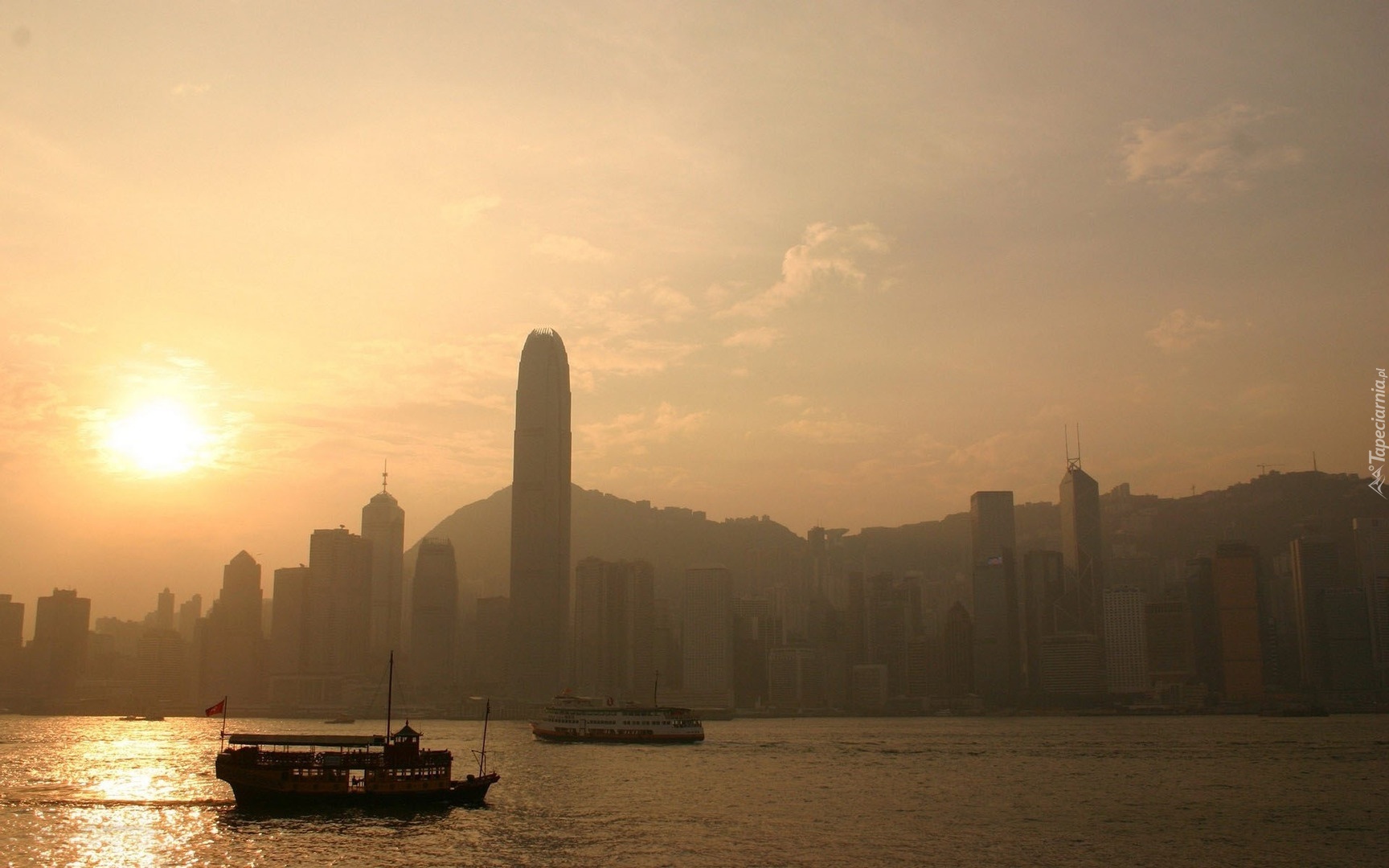 Hong Kong, Miasto, Zachód Słońca, Łodzie