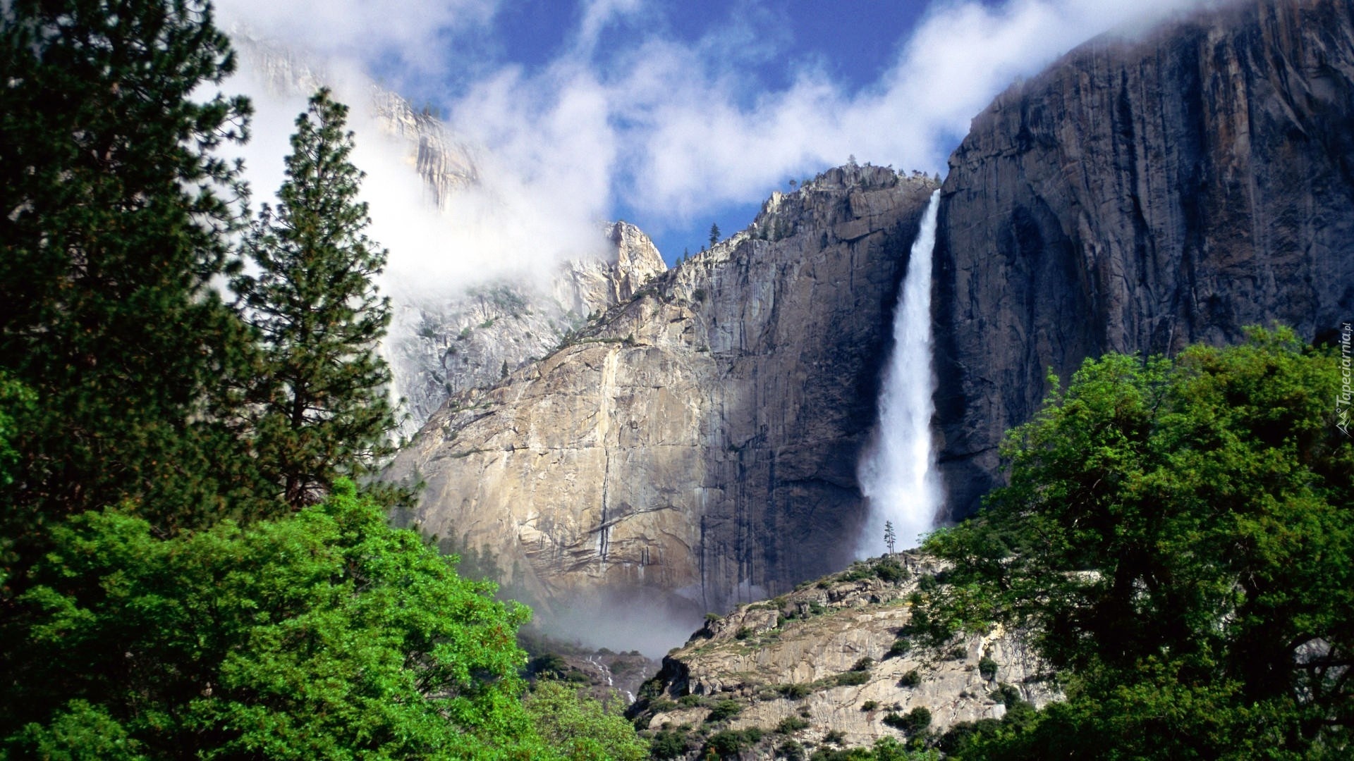 Stany Zjednoczone, Stan Kalifornia, Park Narodowy Yosemite, Wodospad, Drzewa, Góry