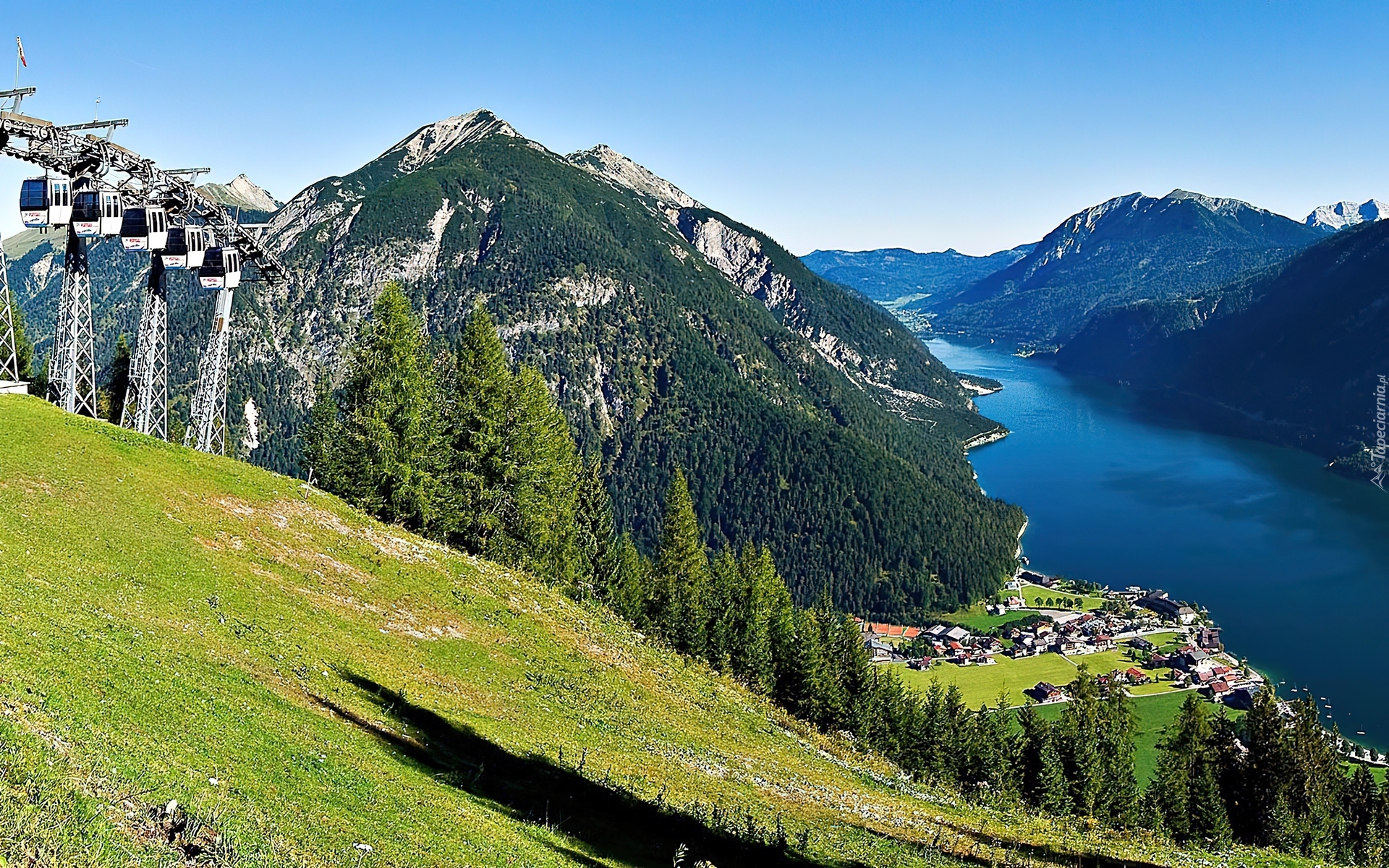 Tyrol, Góry, Lasy, Jezioro, Achensee, Wioska, Kolejka, Górska