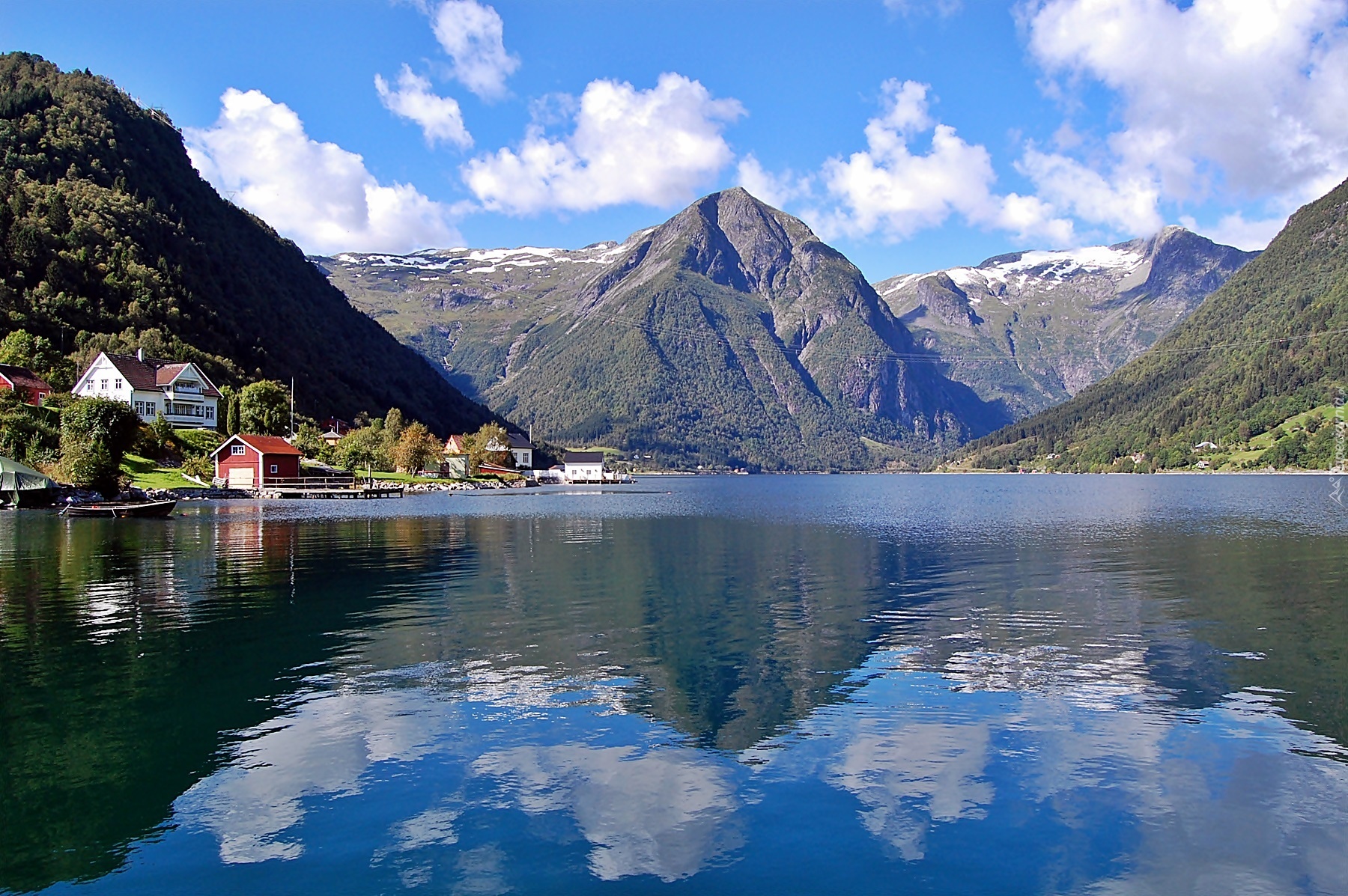 Góry, Lasy, Sognefjord, Domy, Przebijające, Światło