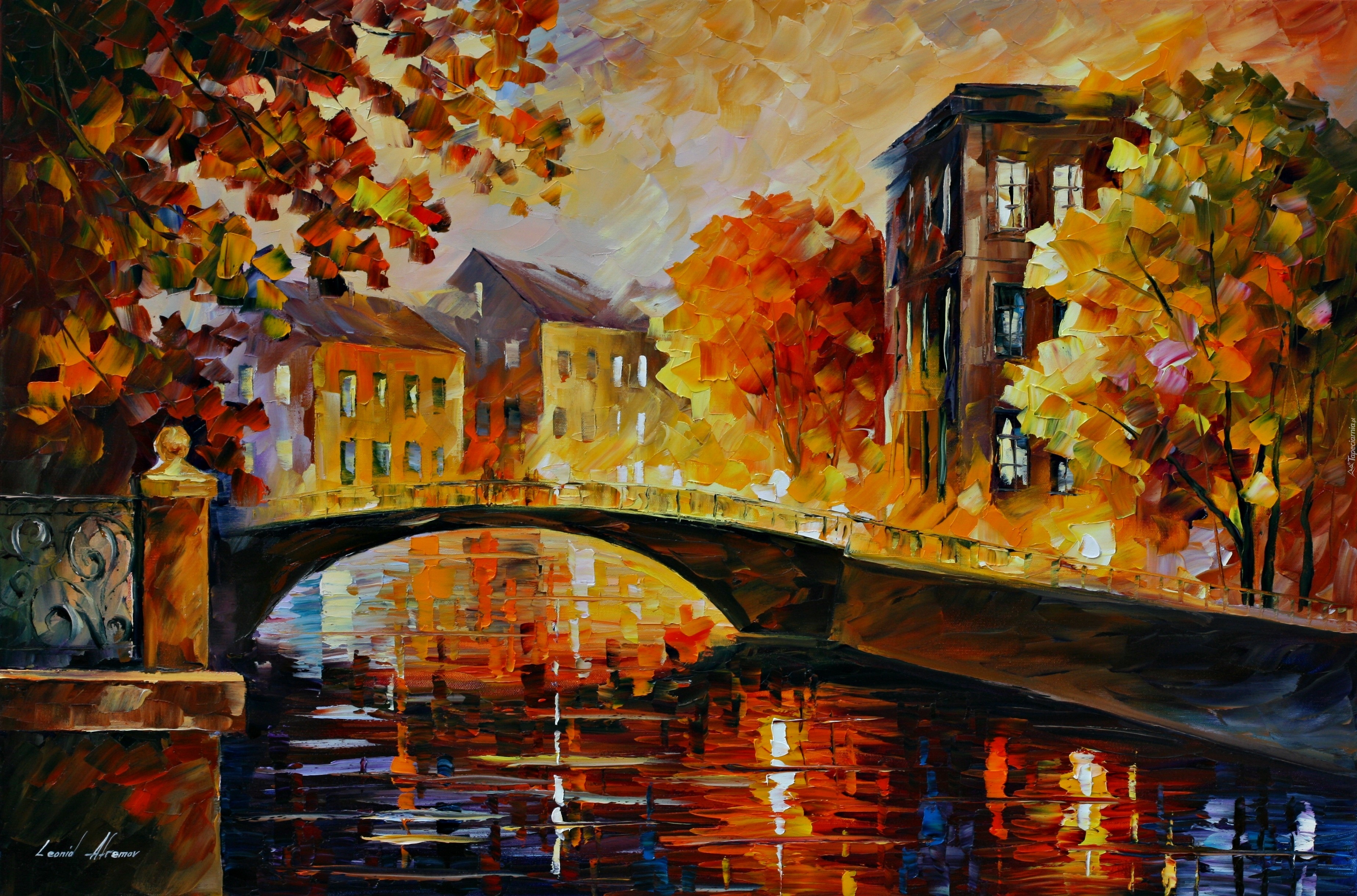 Rzeka, Most, Leonid Afremov, Obraz, Olej