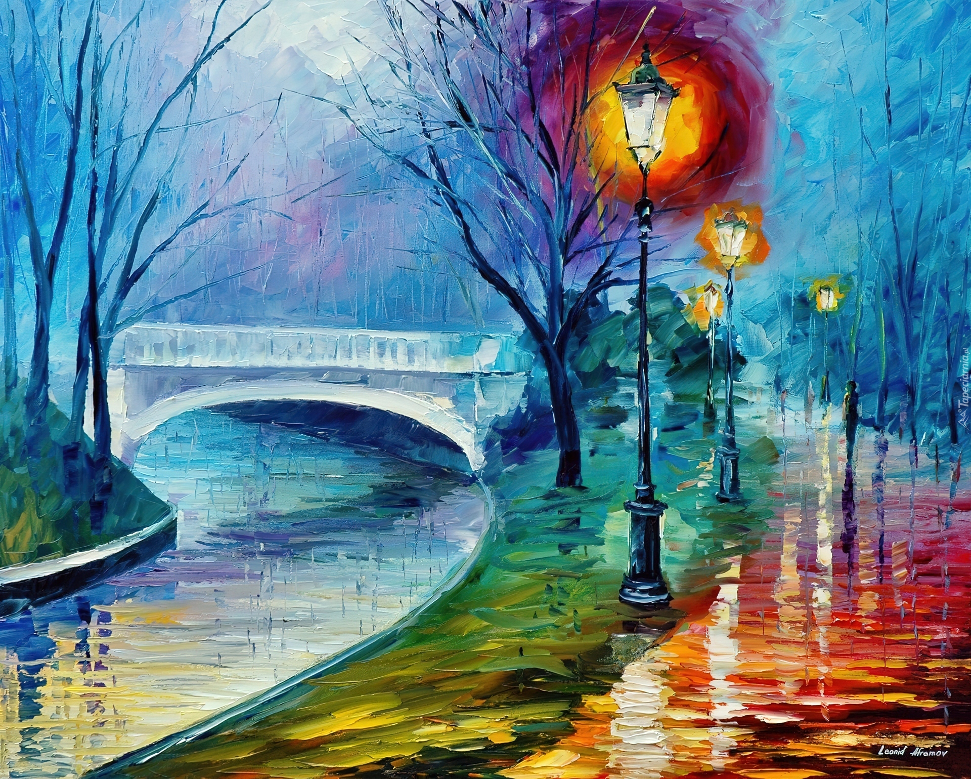 Park, Most, Leonid Afremov, Obraz, Olej