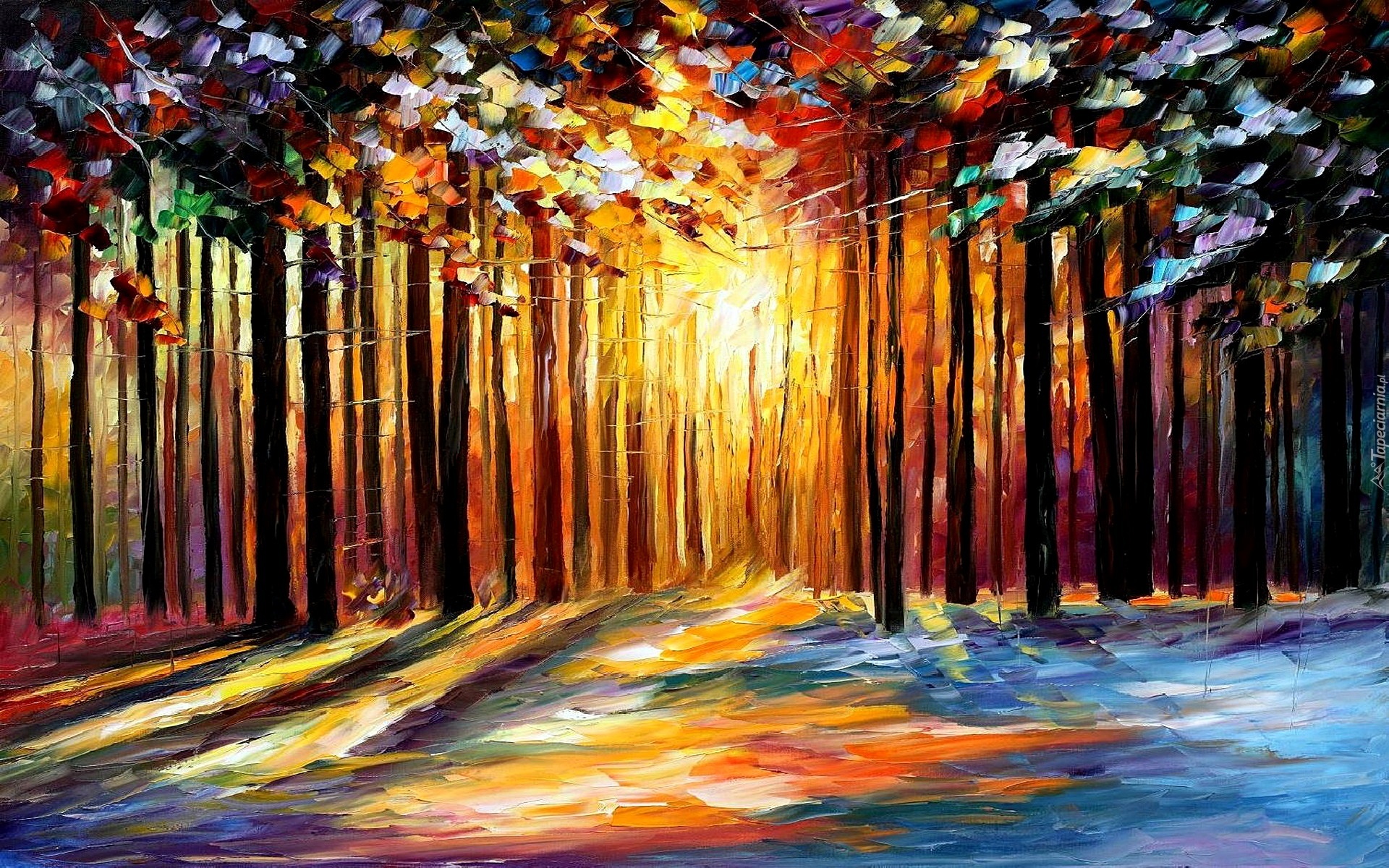 Las, Światło, Leonid Afremov, Obraz, Olej