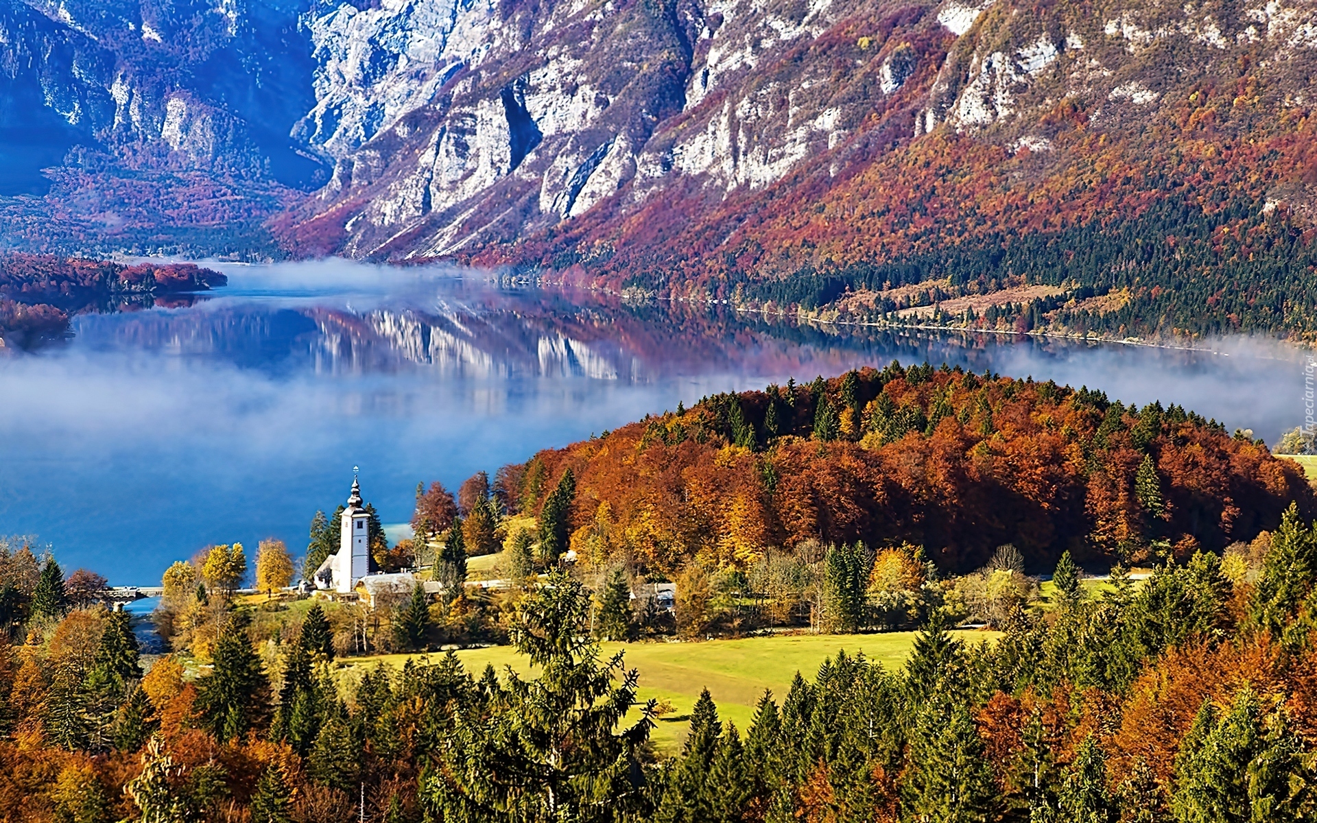 Góry, Jezioro, Bohinj, Las, Kościół, Jesień