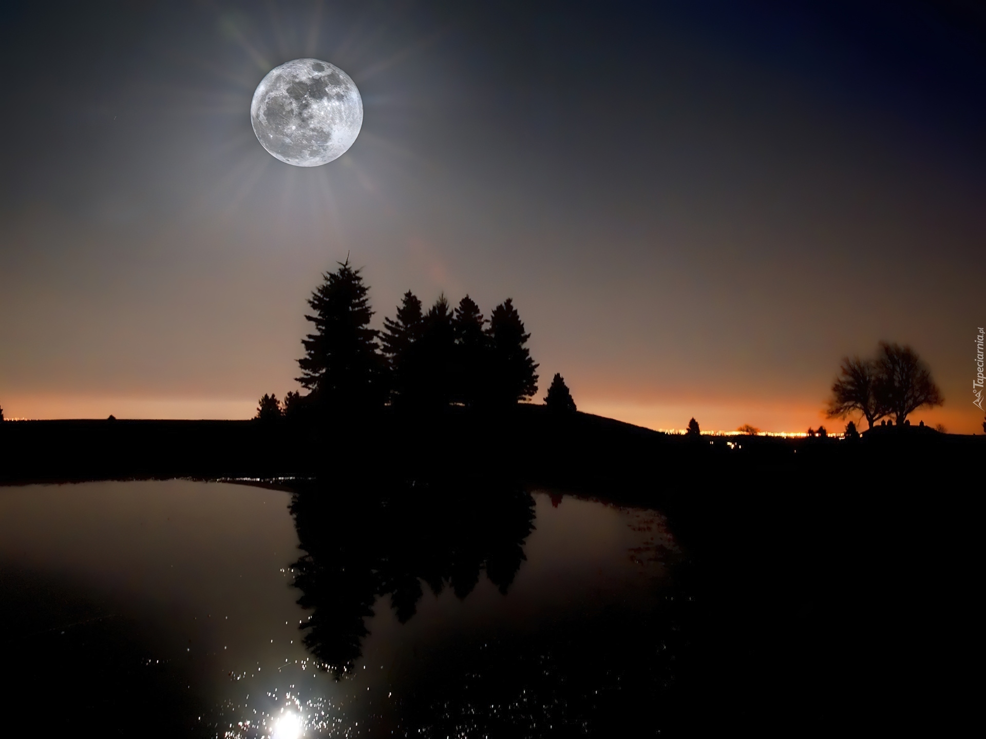 Jezioro, Drzewa, Noc, Księżyc, Odbicie