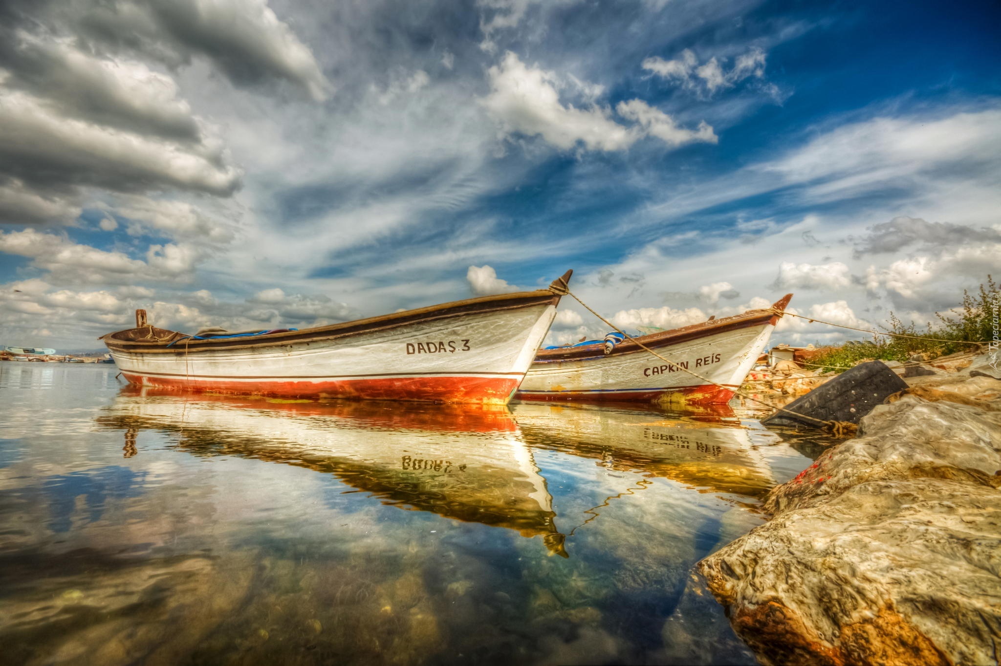 Morze, Plaża, Niebo, Chmury, Dwie, Łodzie, Odbicie