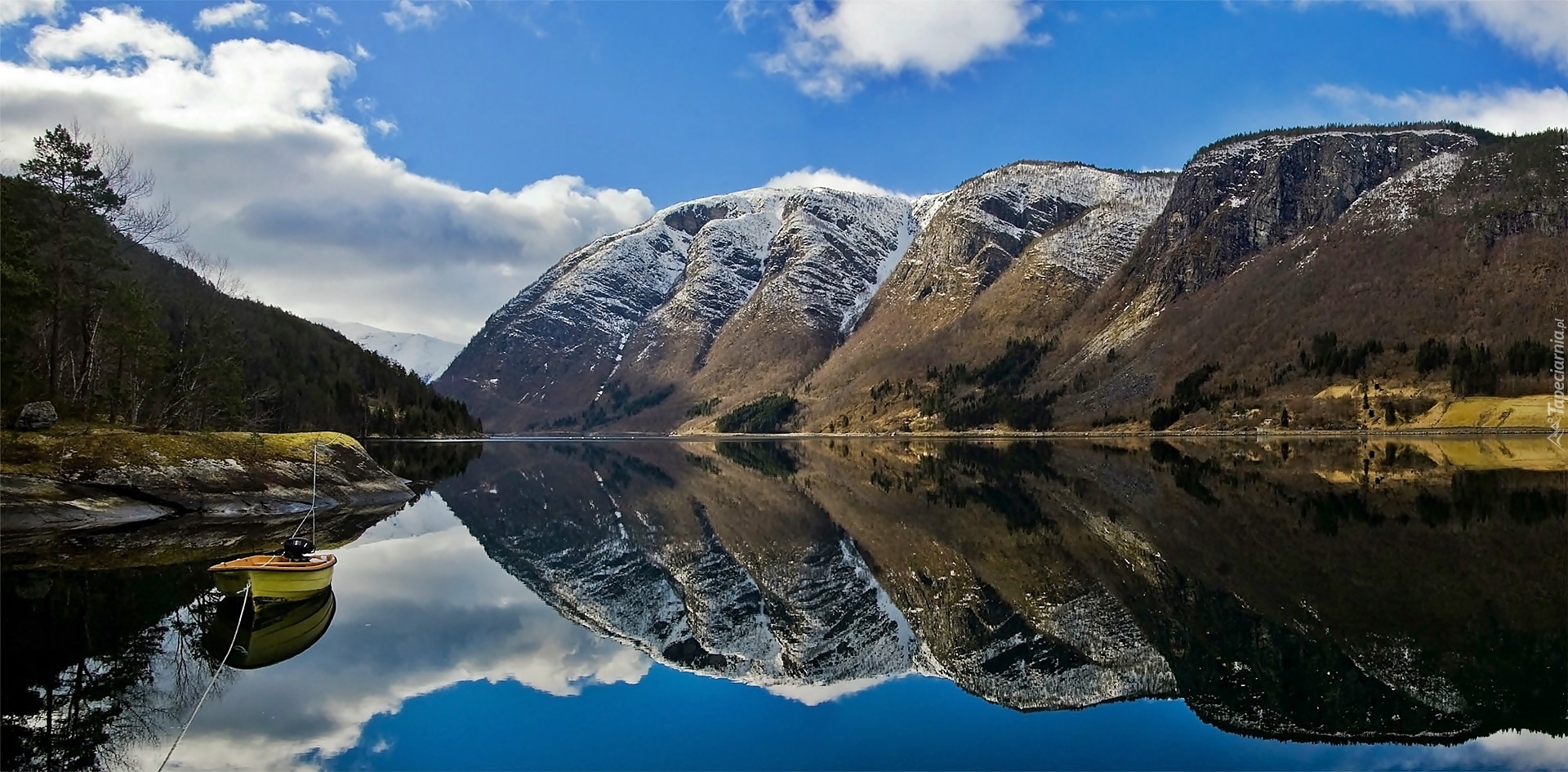 Góry, Las, Ulvikfjord, Łódka, Obłoki, Odbicie