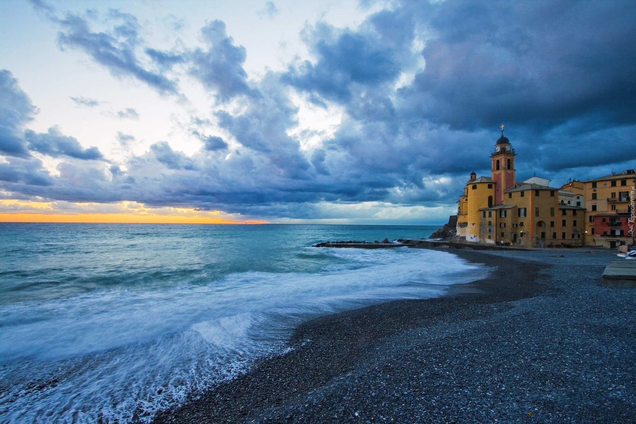Kościół, Morze, Chmury, Camogli, Liguria, Włochy