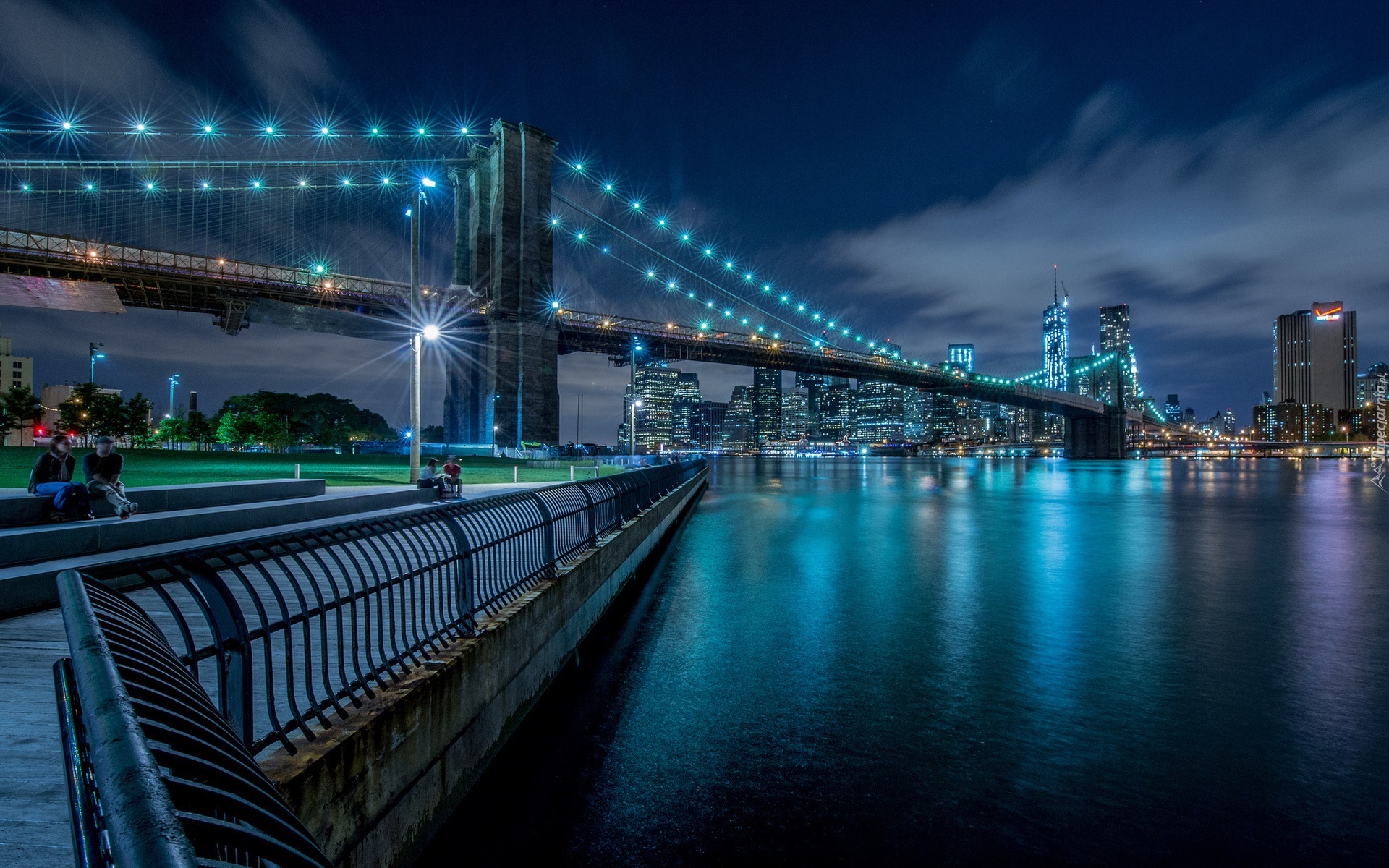 Oświetlony, Most, Wieżowce, Brooklyn, Noc, Nowy Jork