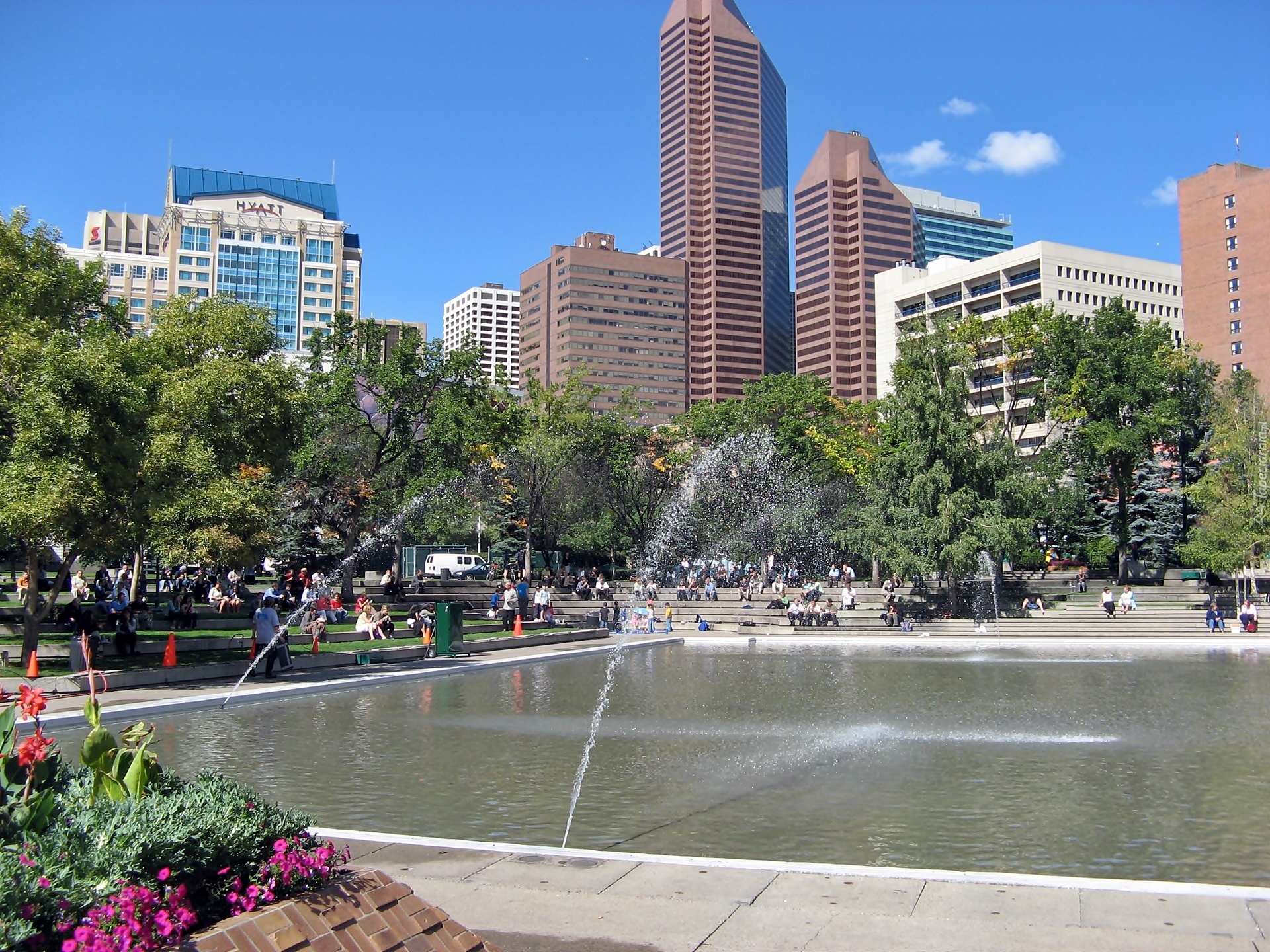 Calgary, Panorama, Miasta, Park, Sadzawka, Fontanny